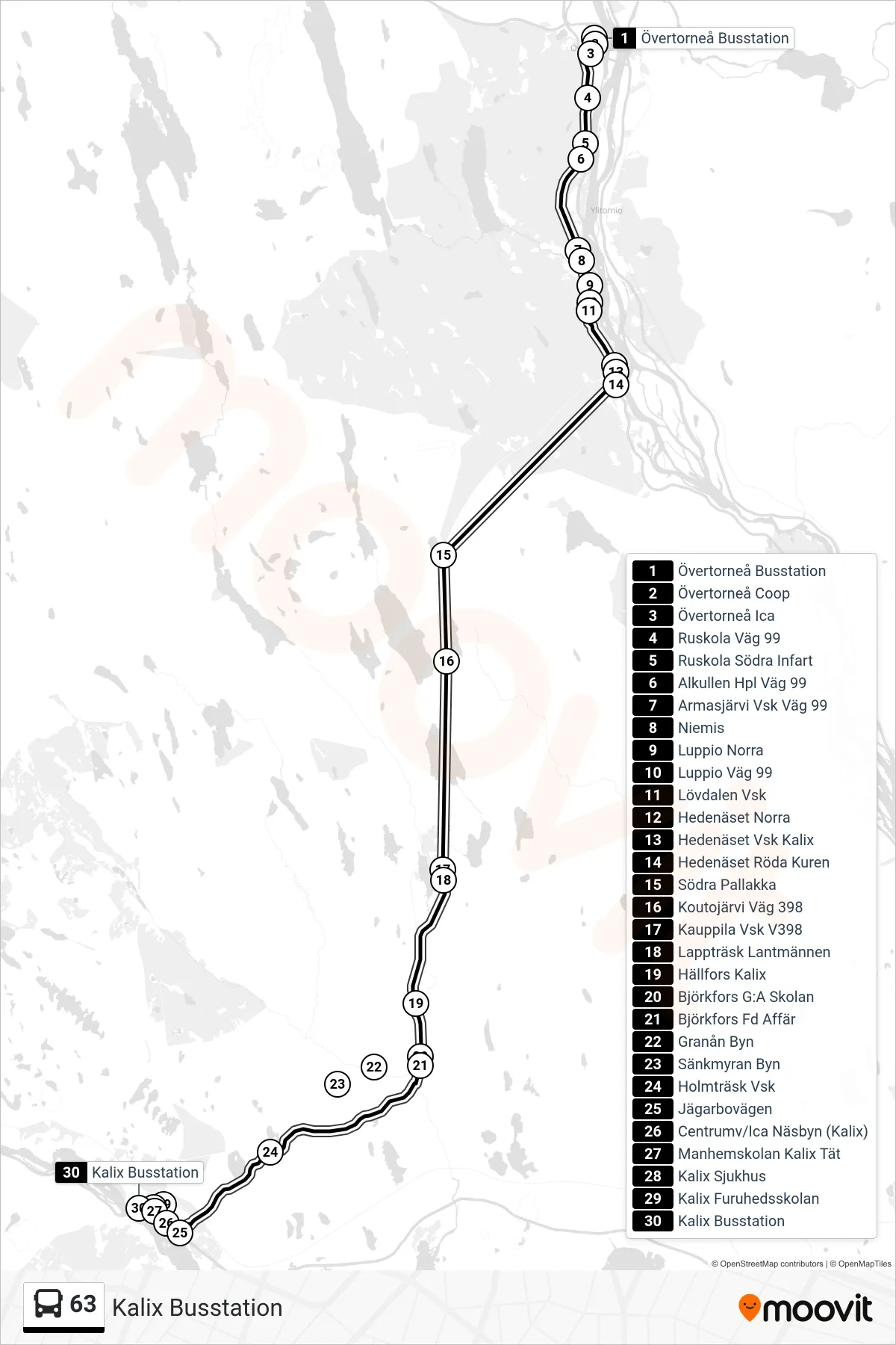 Rutt och hållplatser på karta för linje 63 spårvagn, (Kalix Busstation)