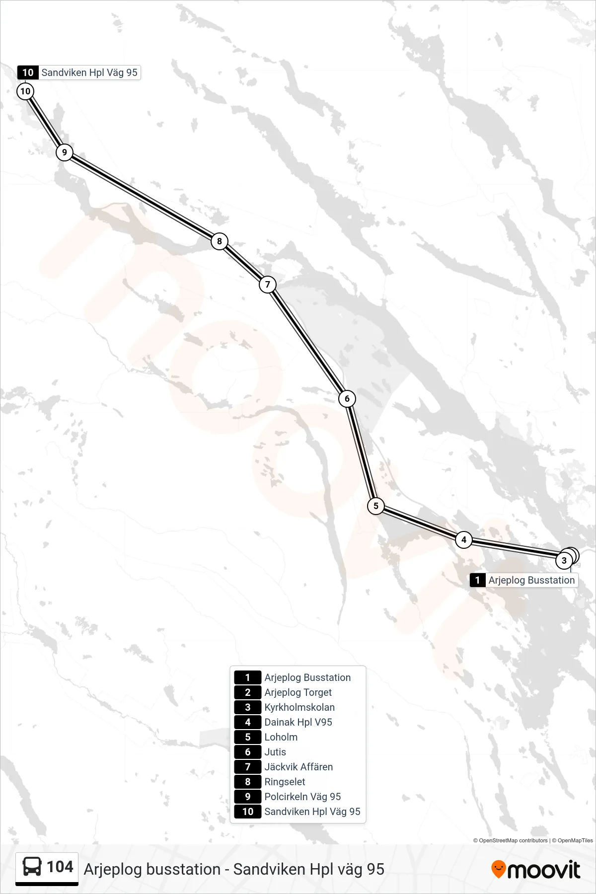 Rutt och hållplatser på karta för linje 104 spårvagn, (Sandviken Hpl Väg 95)