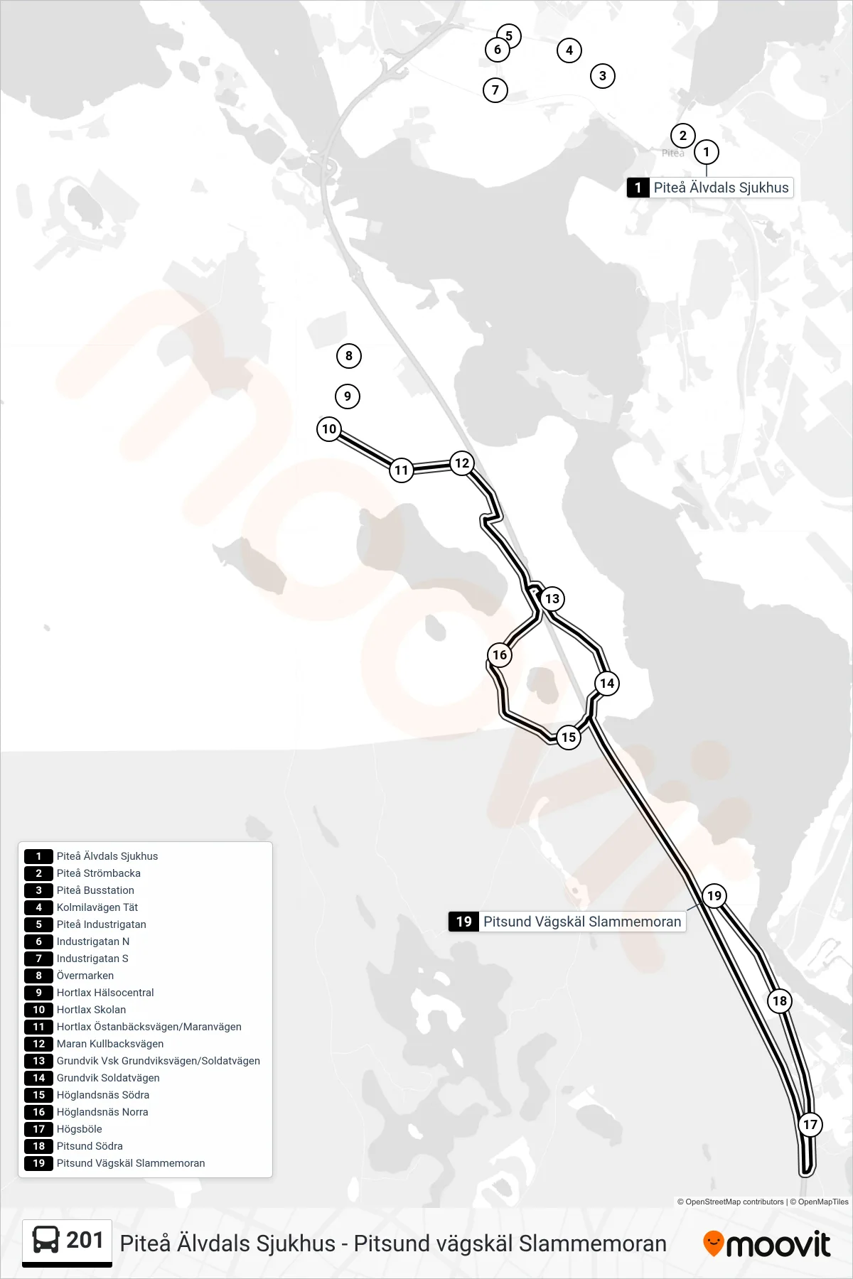 Rutt och hållplatser på karta för linje 201  spårvagn, (Pitsund Vägskäl Slammemoran)