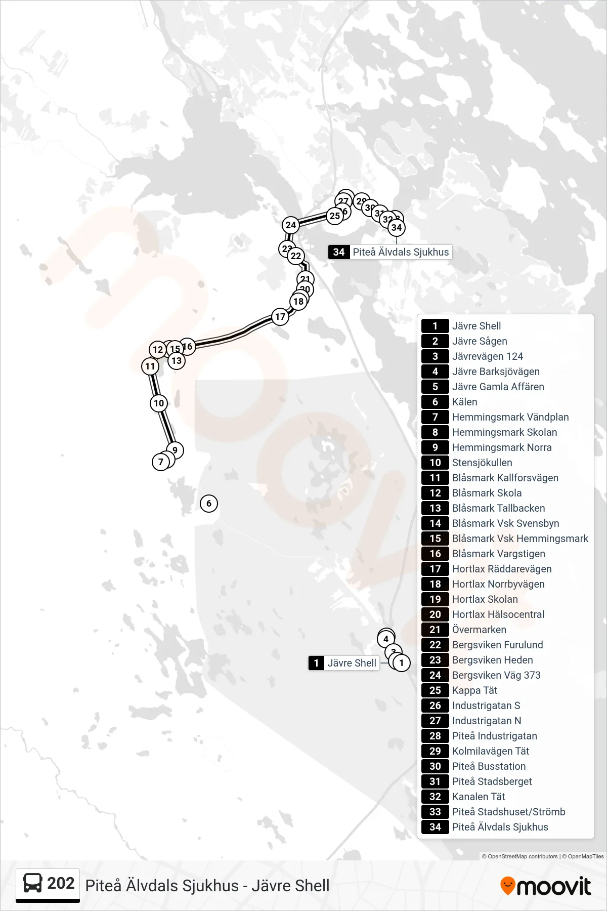 Rutt och hållplatser på karta för linje 202  spårvagn, (Piteå Älvdals Sjukhus)