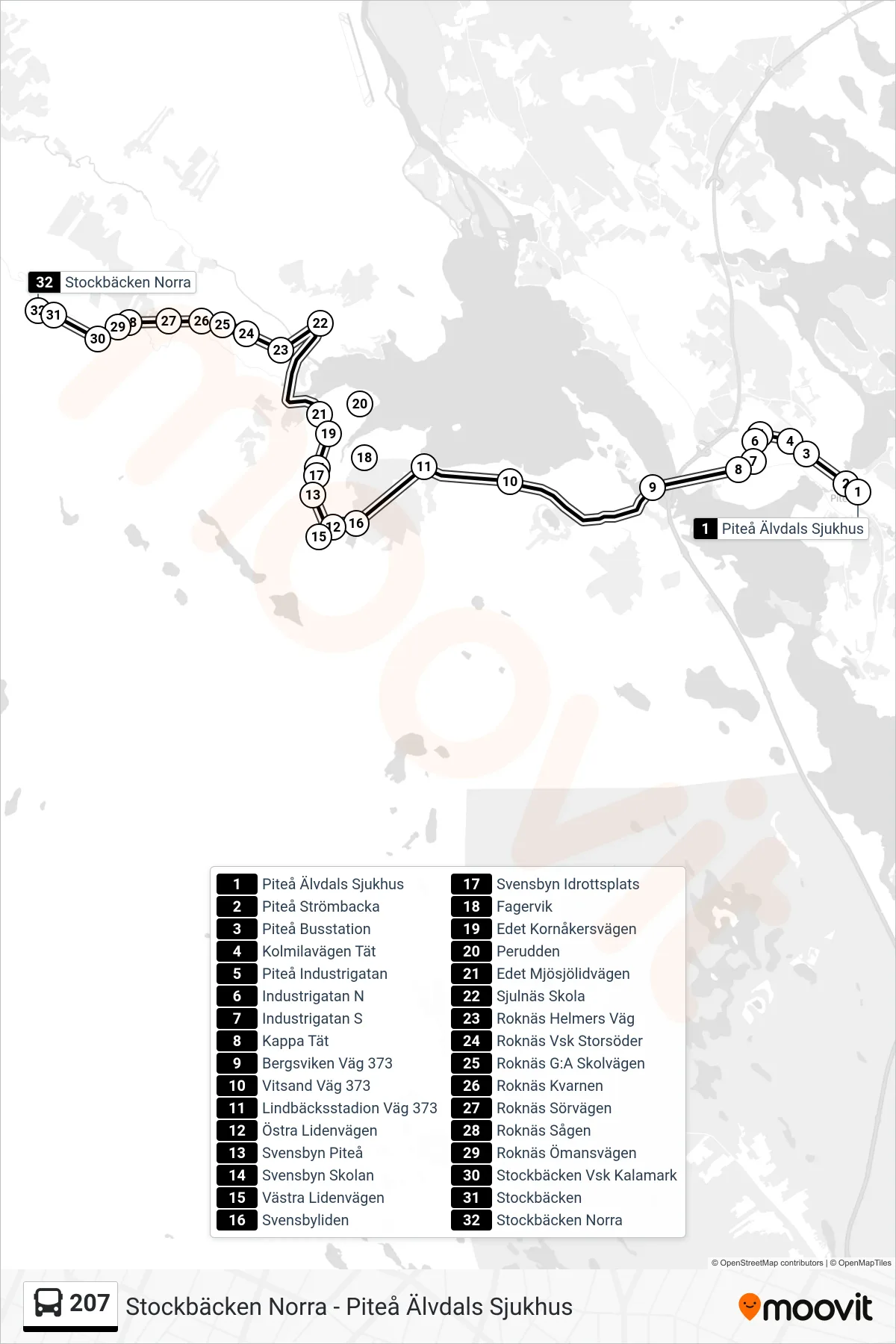 Rutt och hållplatser på karta för linje 207 spårvagn, (Stockbäcken Norra)