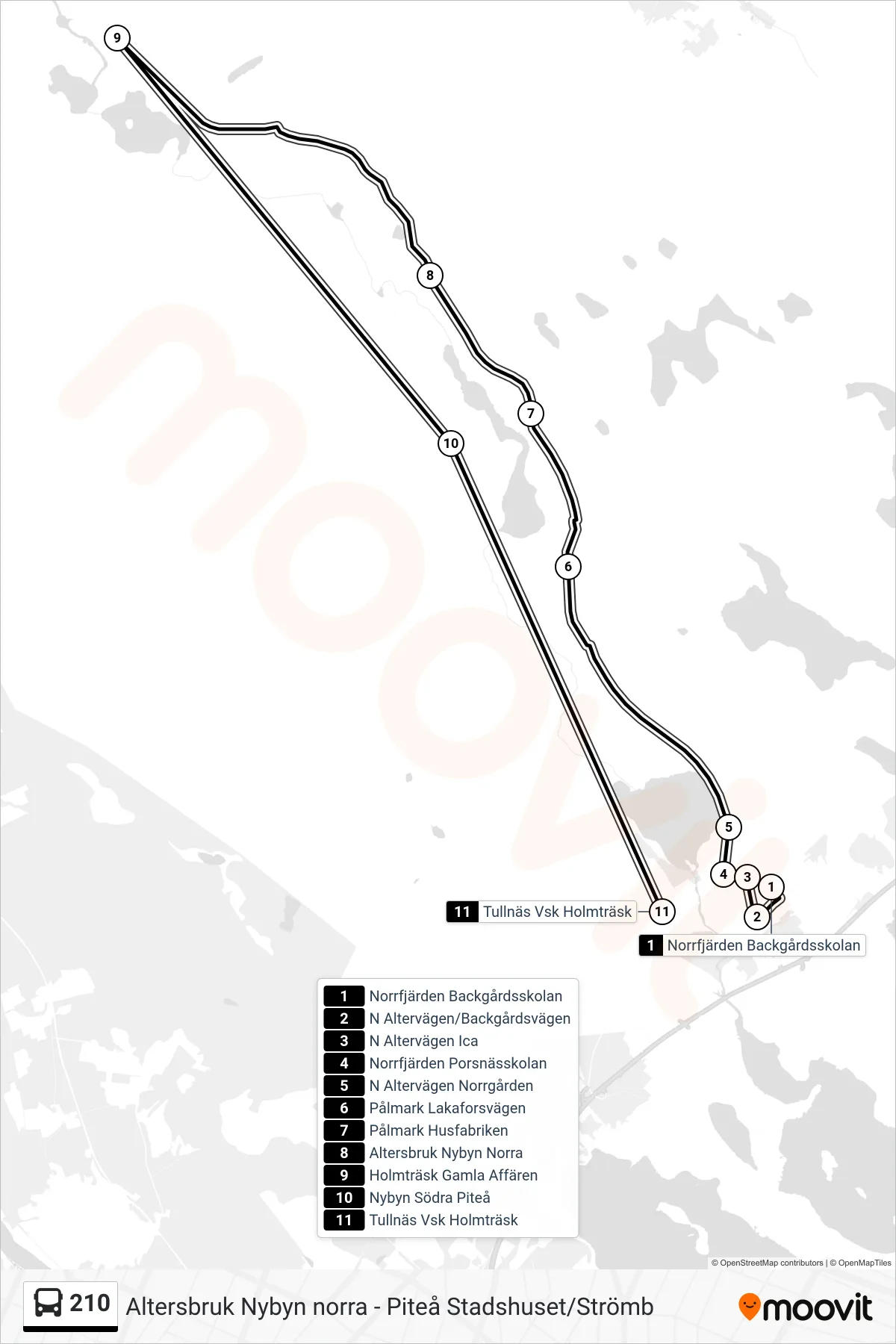 Rutt och hållplatser på karta för linje 210  spårvagn, (Tullnäs Vsk Holmträsk)