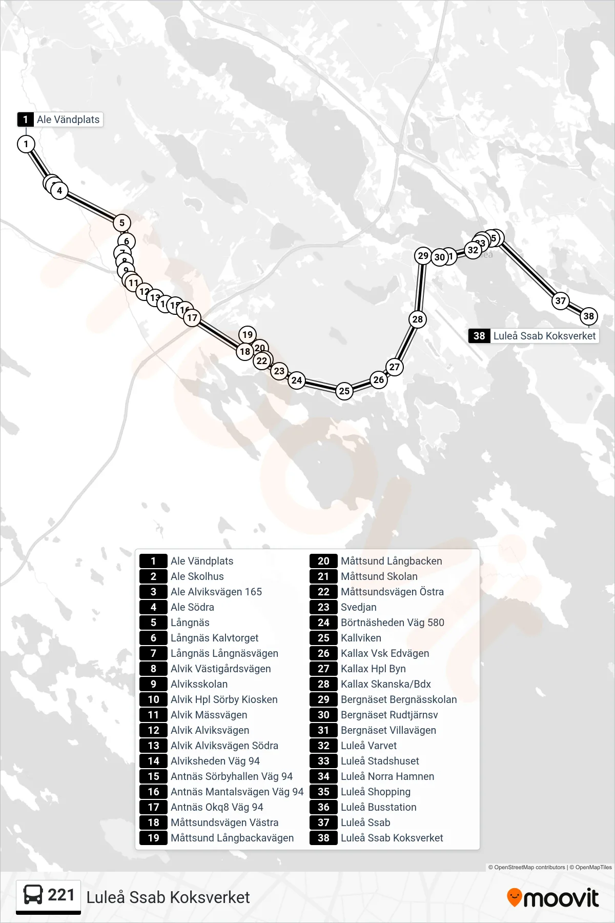 Rutt och hållplatser på karta för linje 221  spårvagn, (Luleå Ssab Koksverket)
