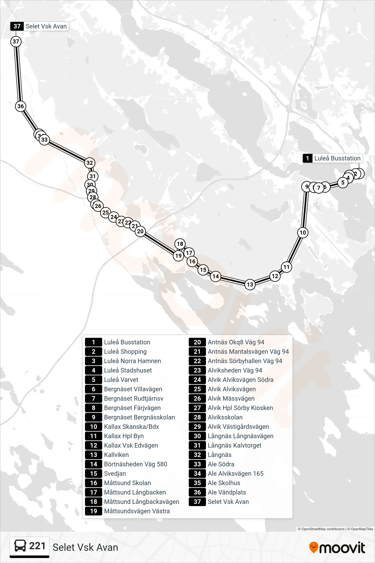 Rutt och hållplatser på karta för linje 221 spårvagn, (Selet Vsk Avan)