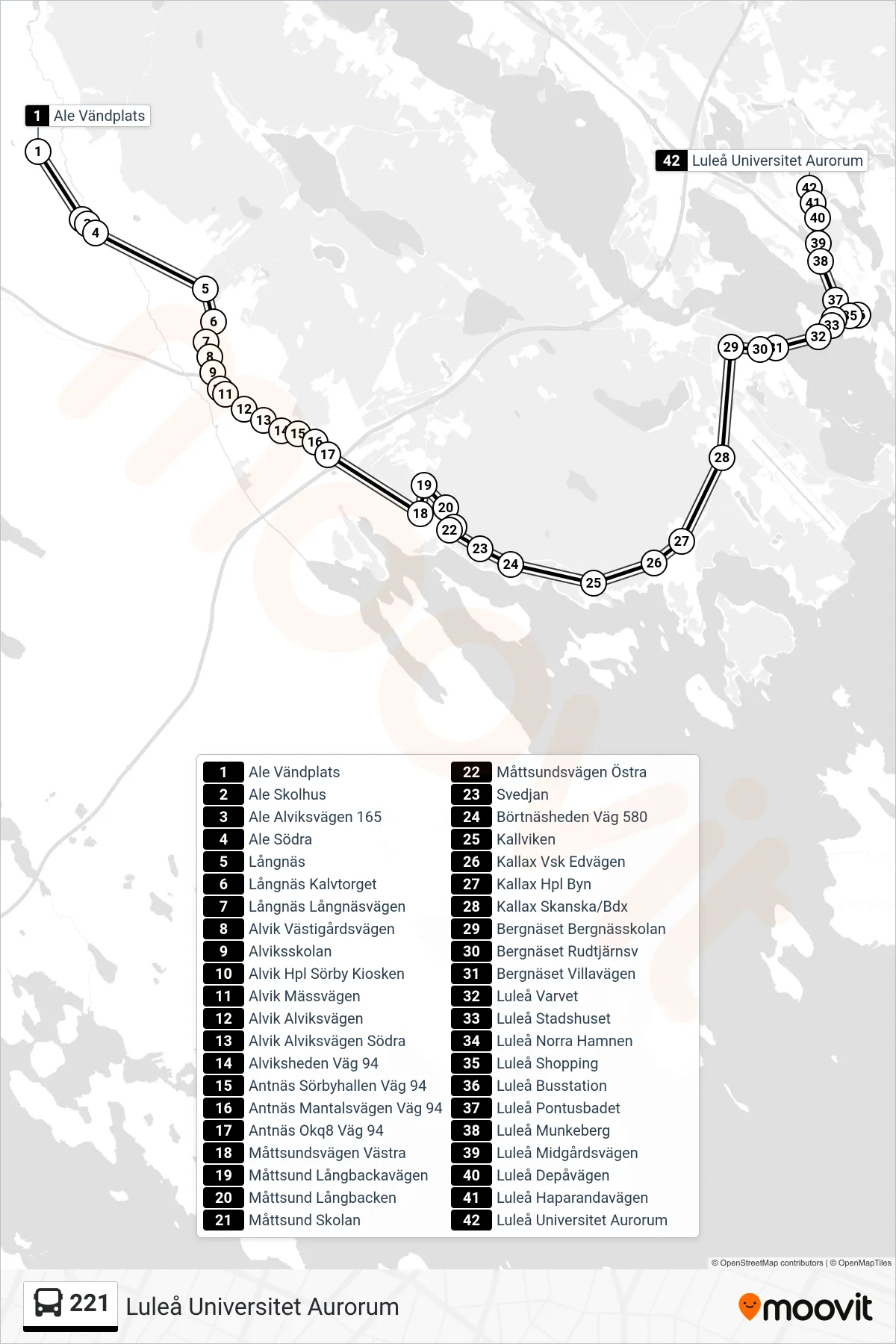 Rutt och hållplatser på karta för linje 221  spårvagn, (Luleå Universitet Aurorum)
