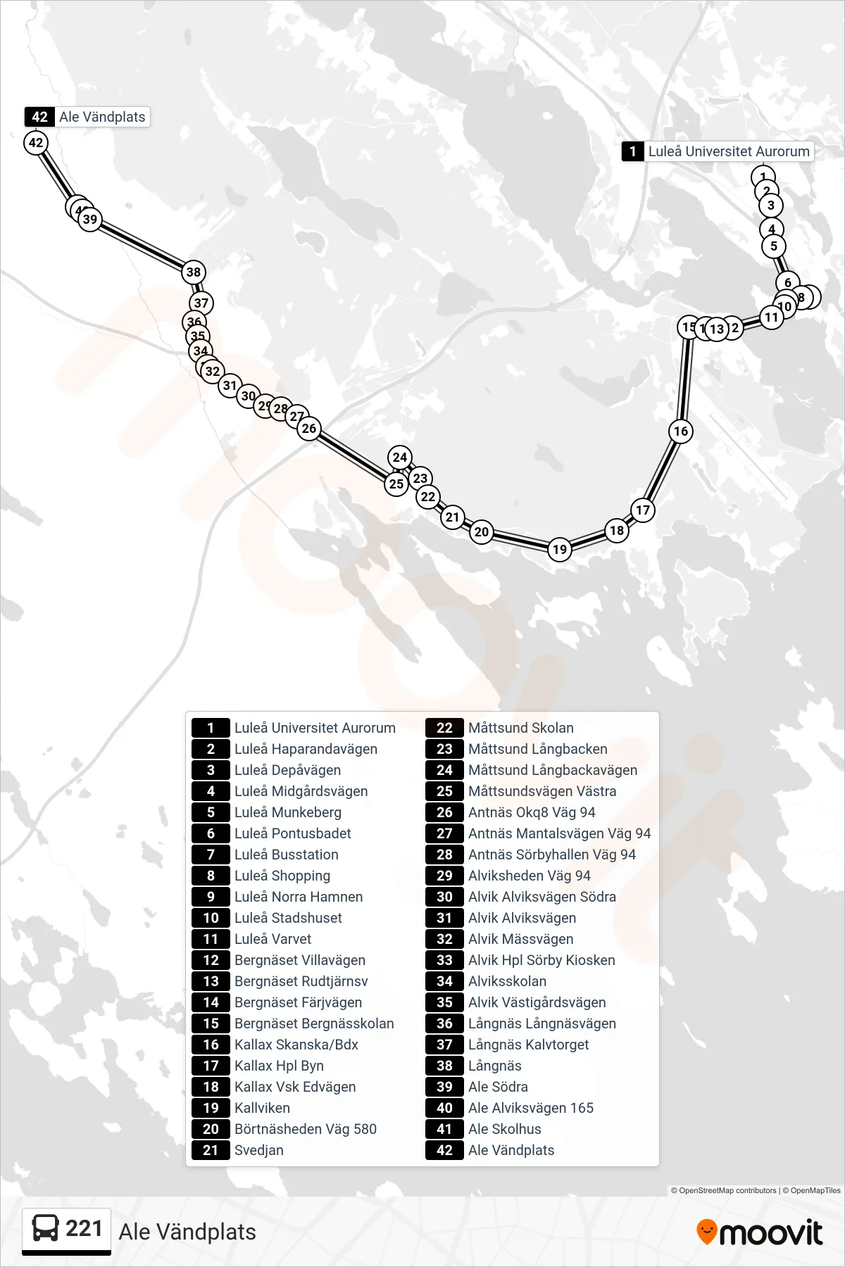 Rutt och hållplatser på karta för linje 221 spårvagn, (Ale Vändplats)