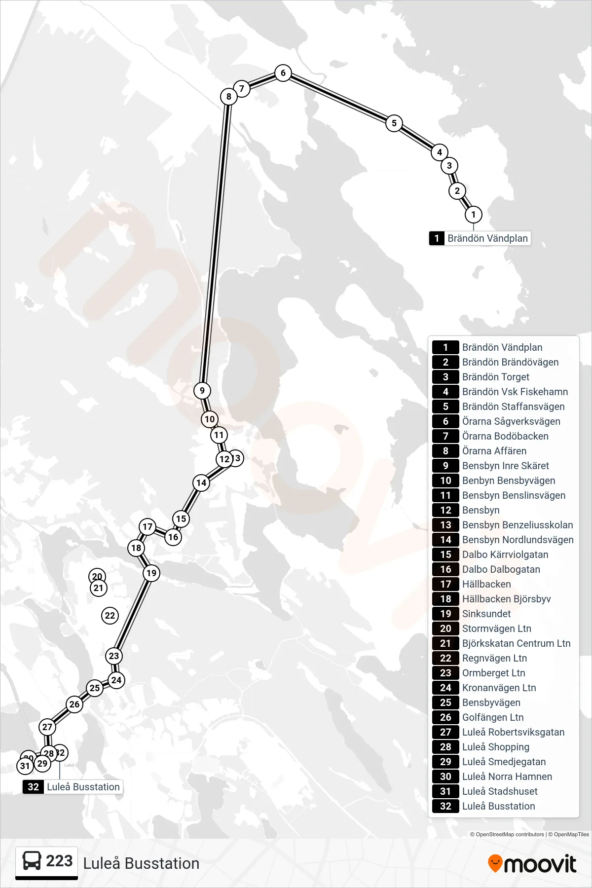Rutt och hållplatser på karta för linje 223  spårvagn, (Luleå Busstation)