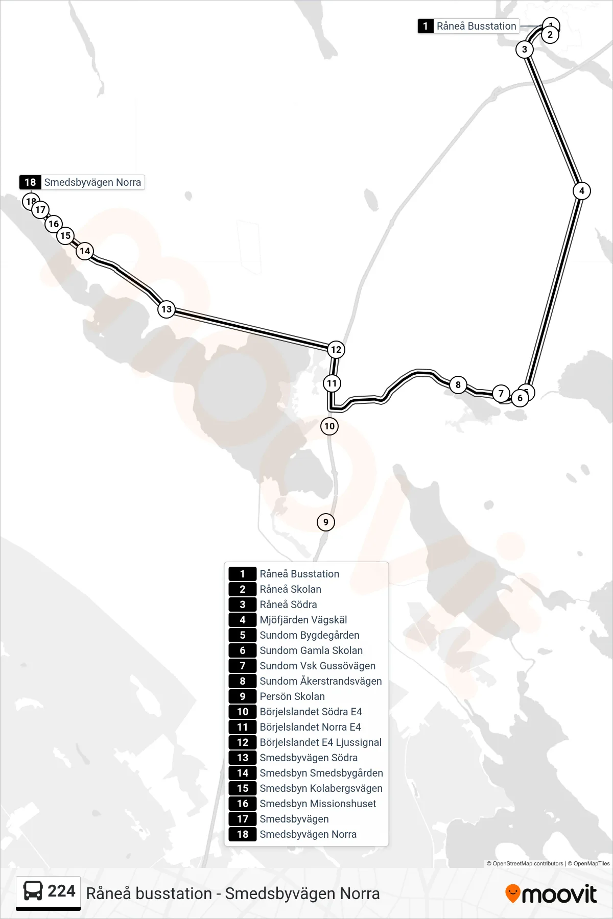 Rutt och hållplatser på karta för linje 224 spårvagn, (Smedsbyvägen Norra)