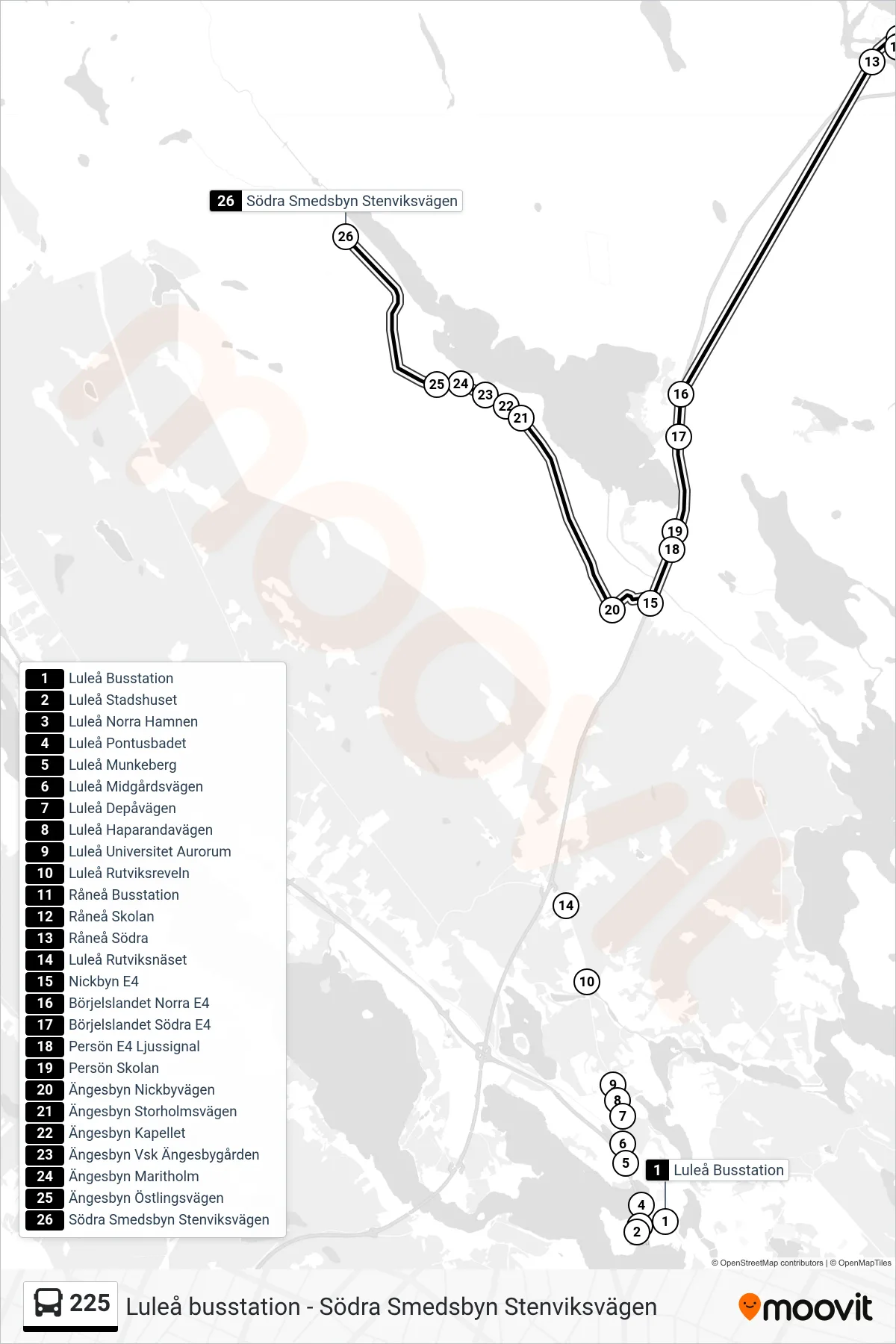 Rutt och hållplatser på karta för linje 225 spårvagn, (Södra Smedsbyn Stenviksvägen)