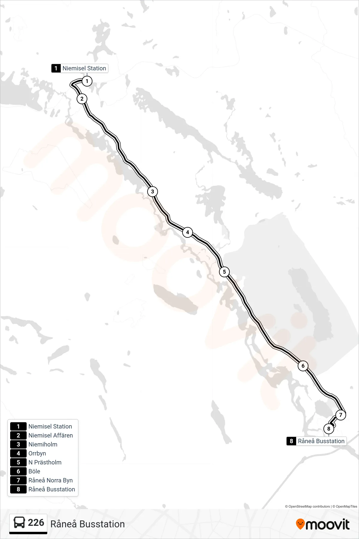 Rutt och hållplatser på karta för linje 226  spårvagn, (Råneå Busstation)