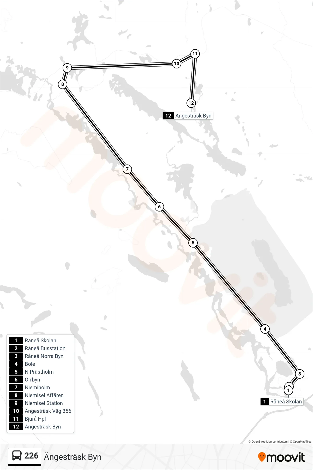 Rutt och hållplatser på karta för linje 226 spårvagn, (Ängesträsk Byn)