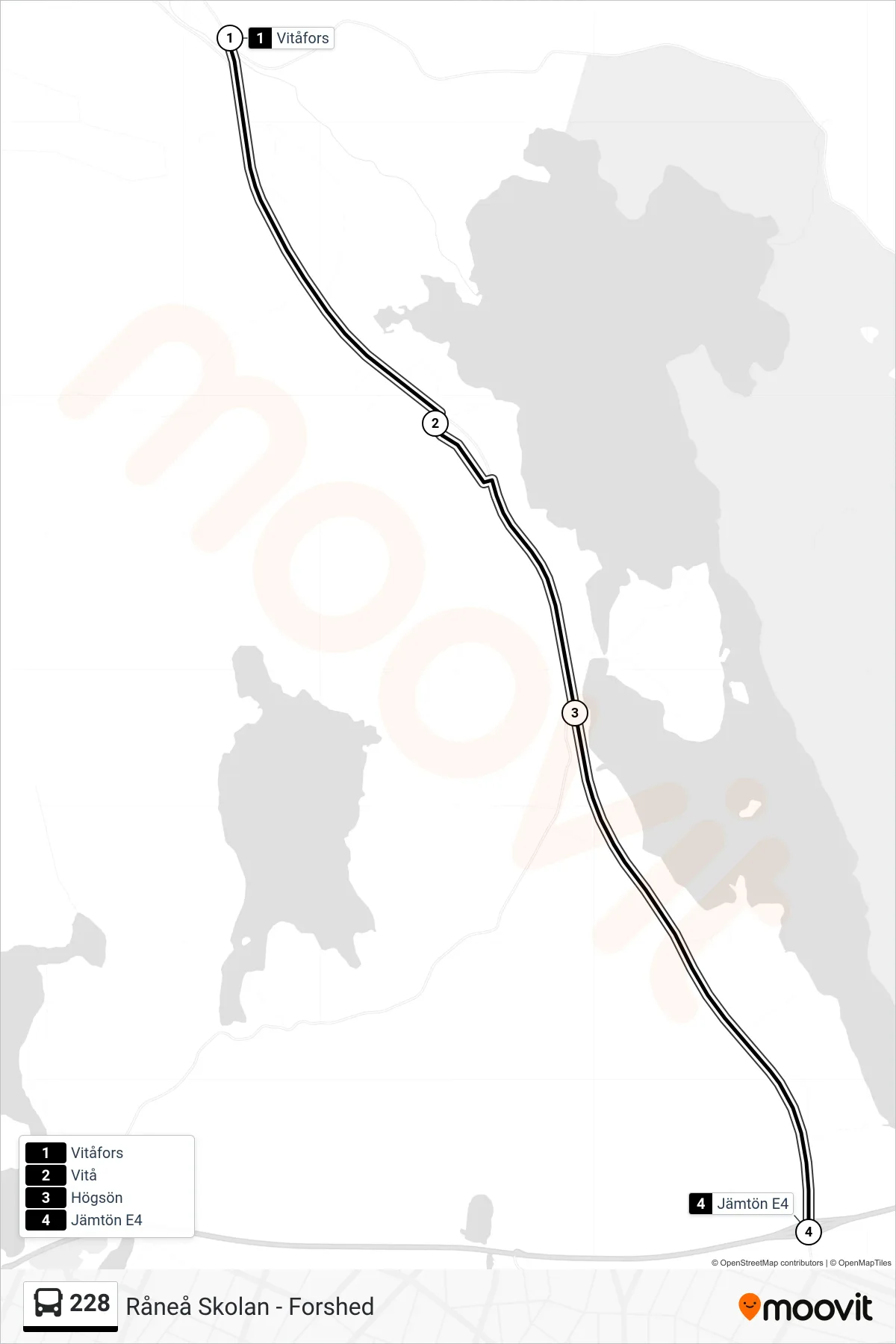 Rutt och hållplatser på karta för linje 228 spårvagn, (Jämtön E4)