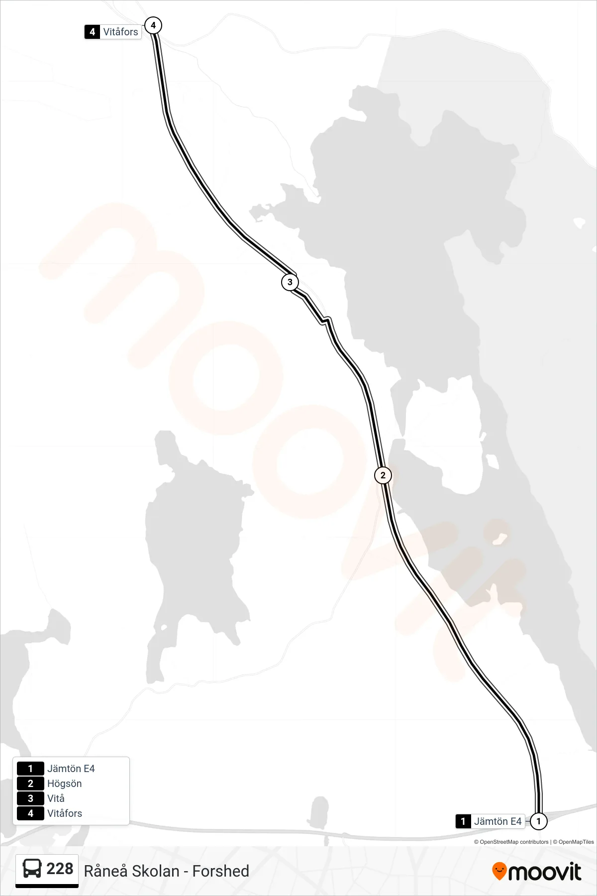 Rutt och hållplatser på karta för linje 228 spårvagn, (Vitåfors)