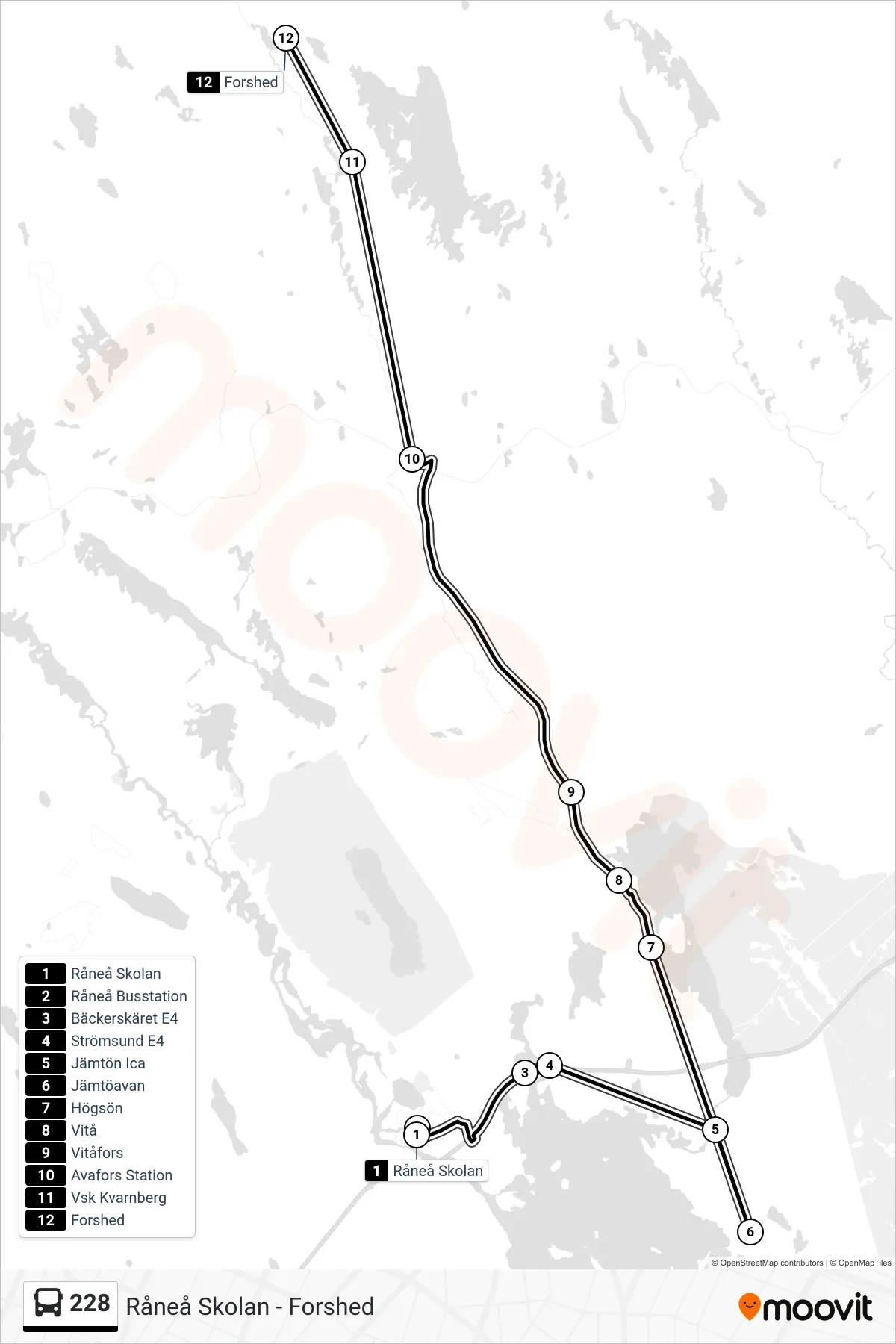 Rutt och hållplatser på karta för linje 228 spårvagn, (Forshed)