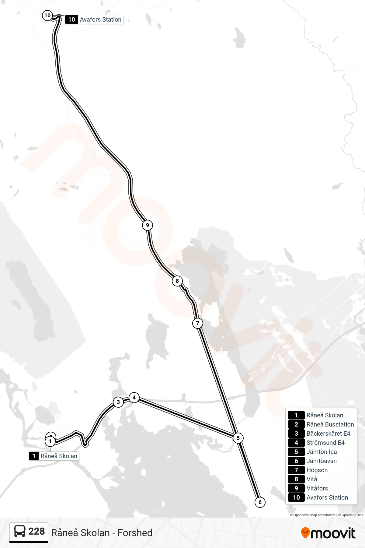 Rutt och hållplatser på karta för linje 228 spårvagn, (Avafors Station)