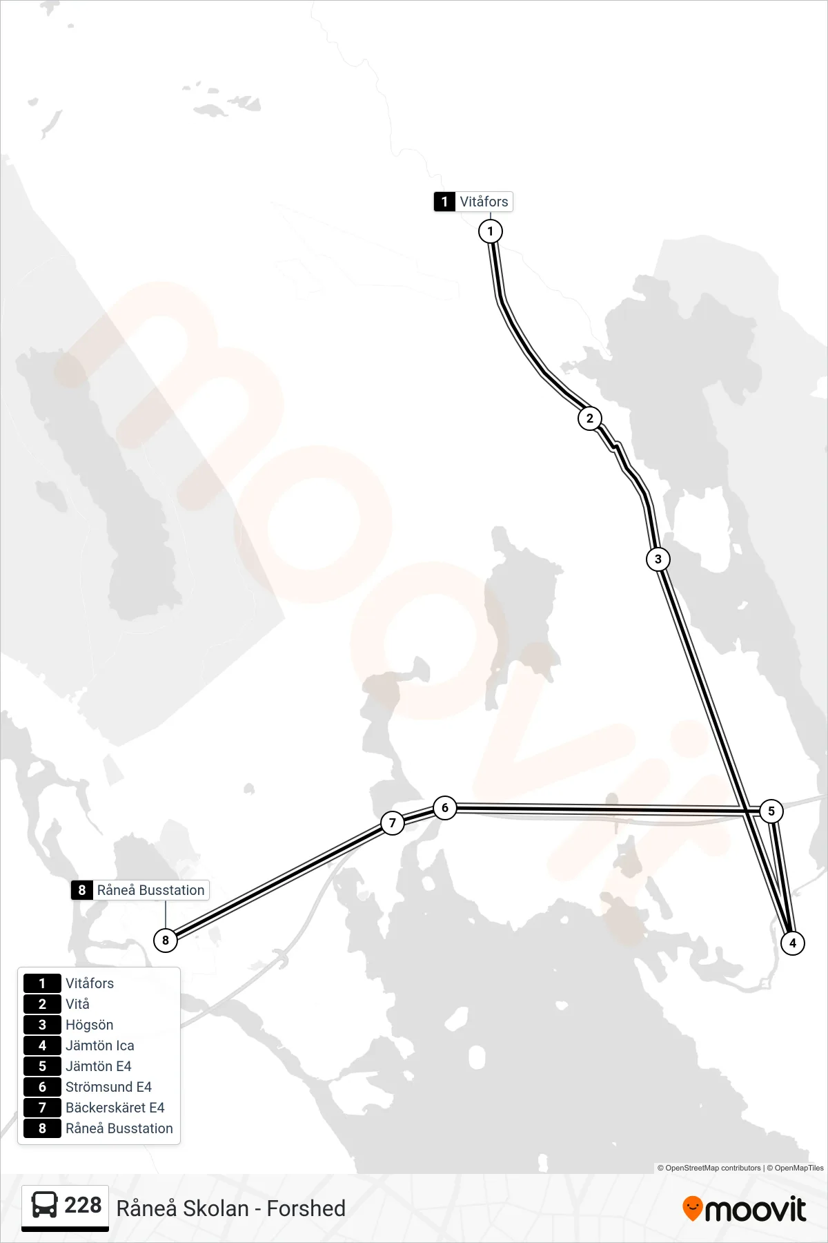 Rutt och hållplatser på karta för linje 228  spårvagn, (Råneå Busstation)