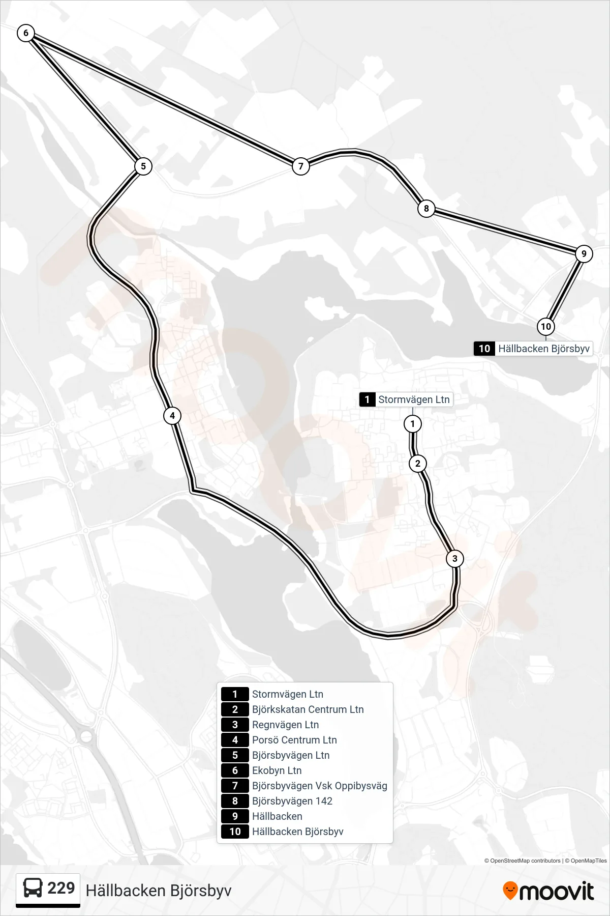 Rutt och hållplatser på karta för linje 229  spårvagn, (Hällbacken Björsbyv)