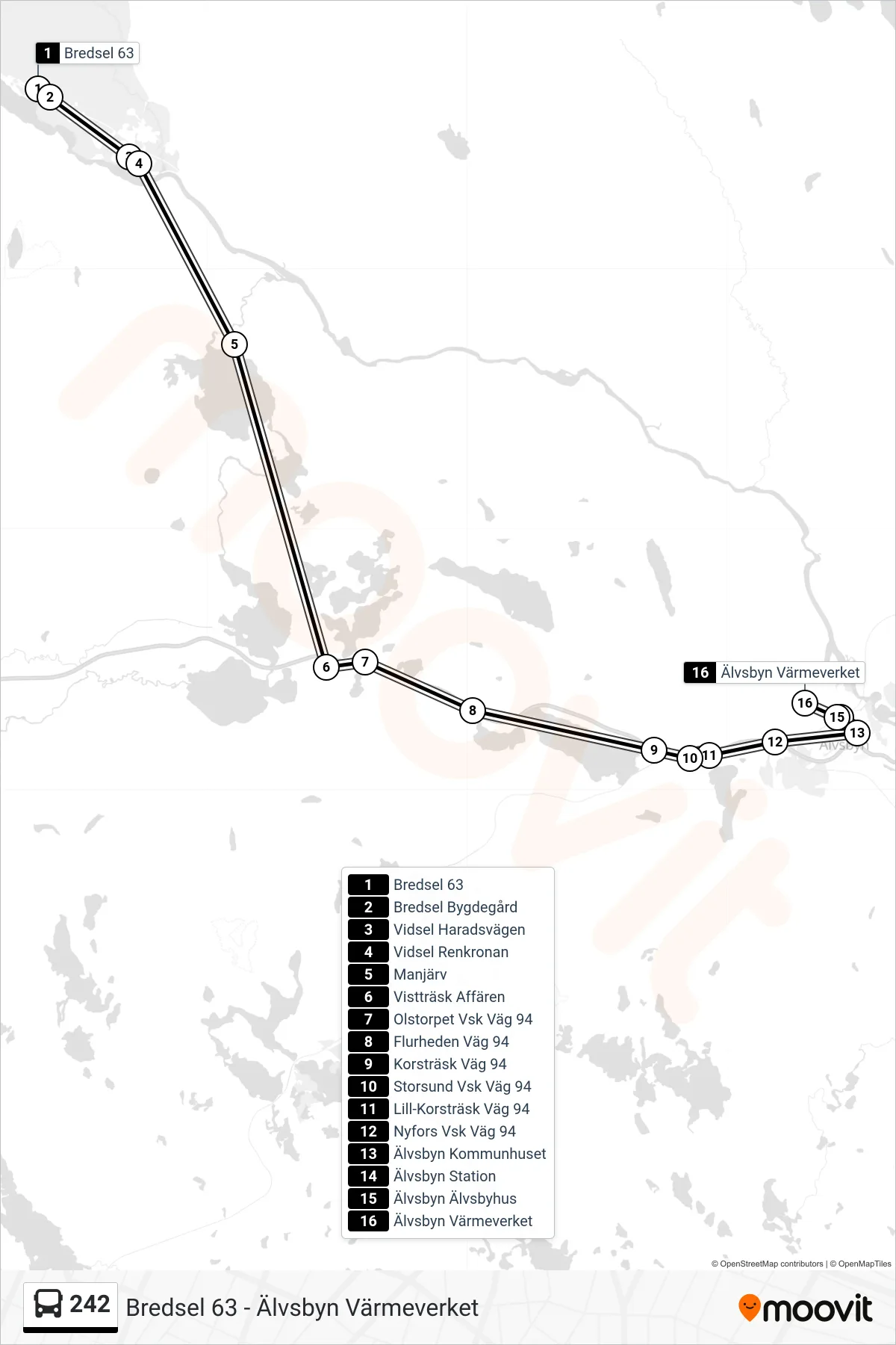 Rutt och hållplatser på karta för linje 242 spårvagn, (Älvsbyn Värmeverket)