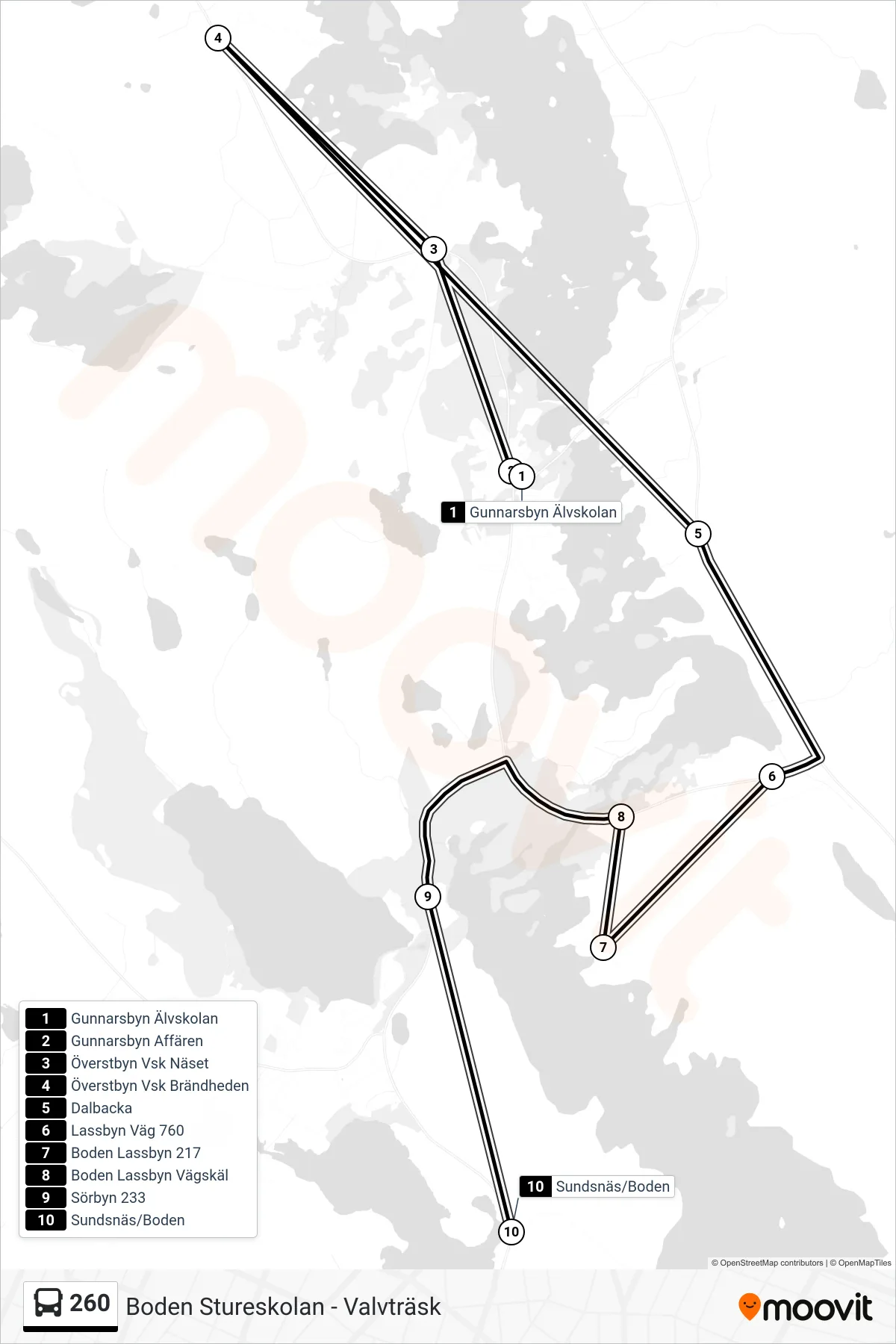 Rutt och hållplatser på karta för linje 260 spårvagn, (Sundsnäs/Boden)