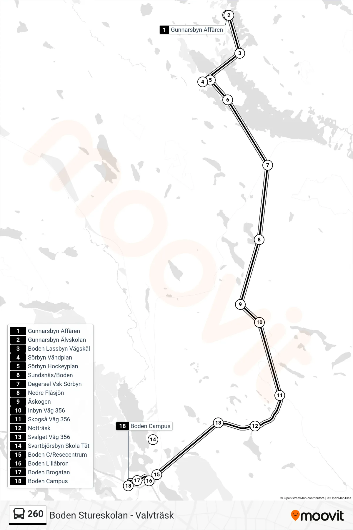 Rutt och hållplatser på karta för linje 260 spårvagn, (Boden Campus)