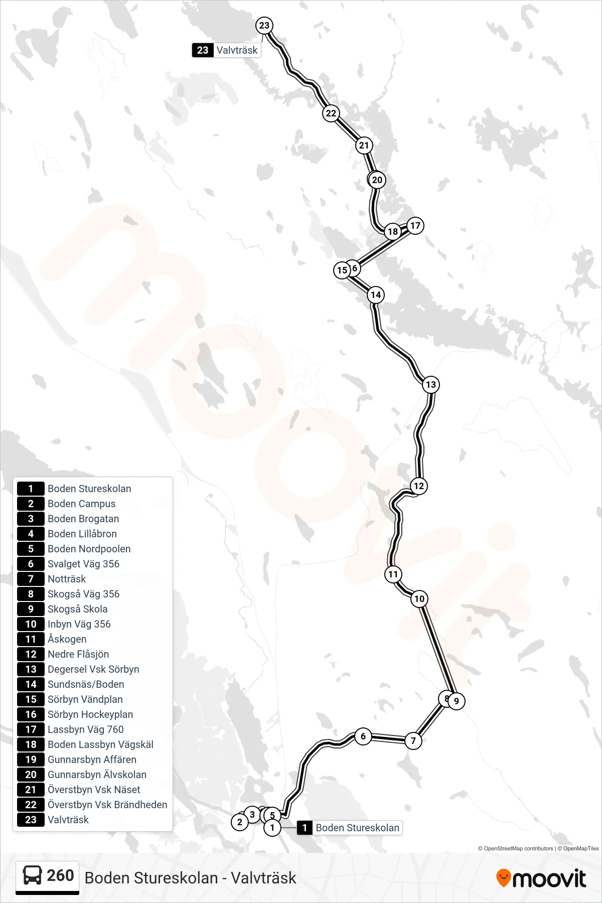Rutt och hållplatser på karta för linje 260 spårvagn, (Valvträsk)