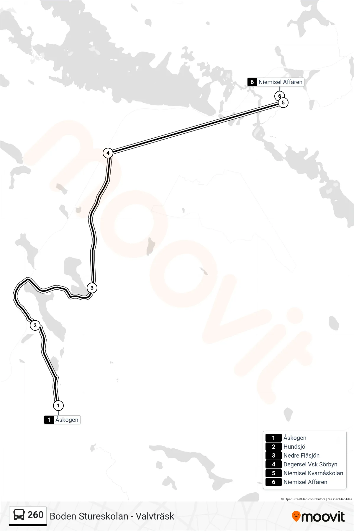 Rutt och hållplatser på karta för linje 260 spårvagn, (Niemisel Affären)
