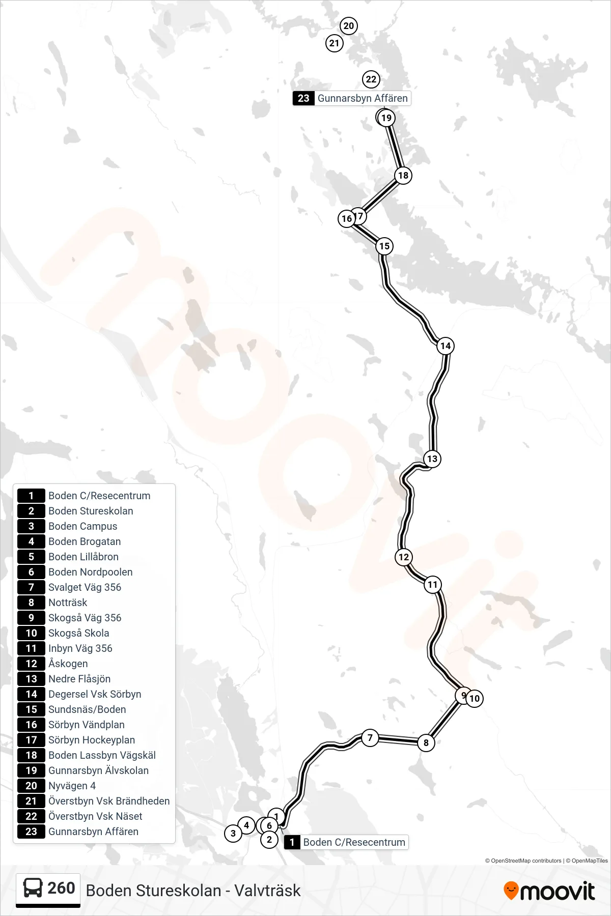 Rutt och hållplatser på karta för linje 260 spårvagn, (Gunnarsbyn Affären)