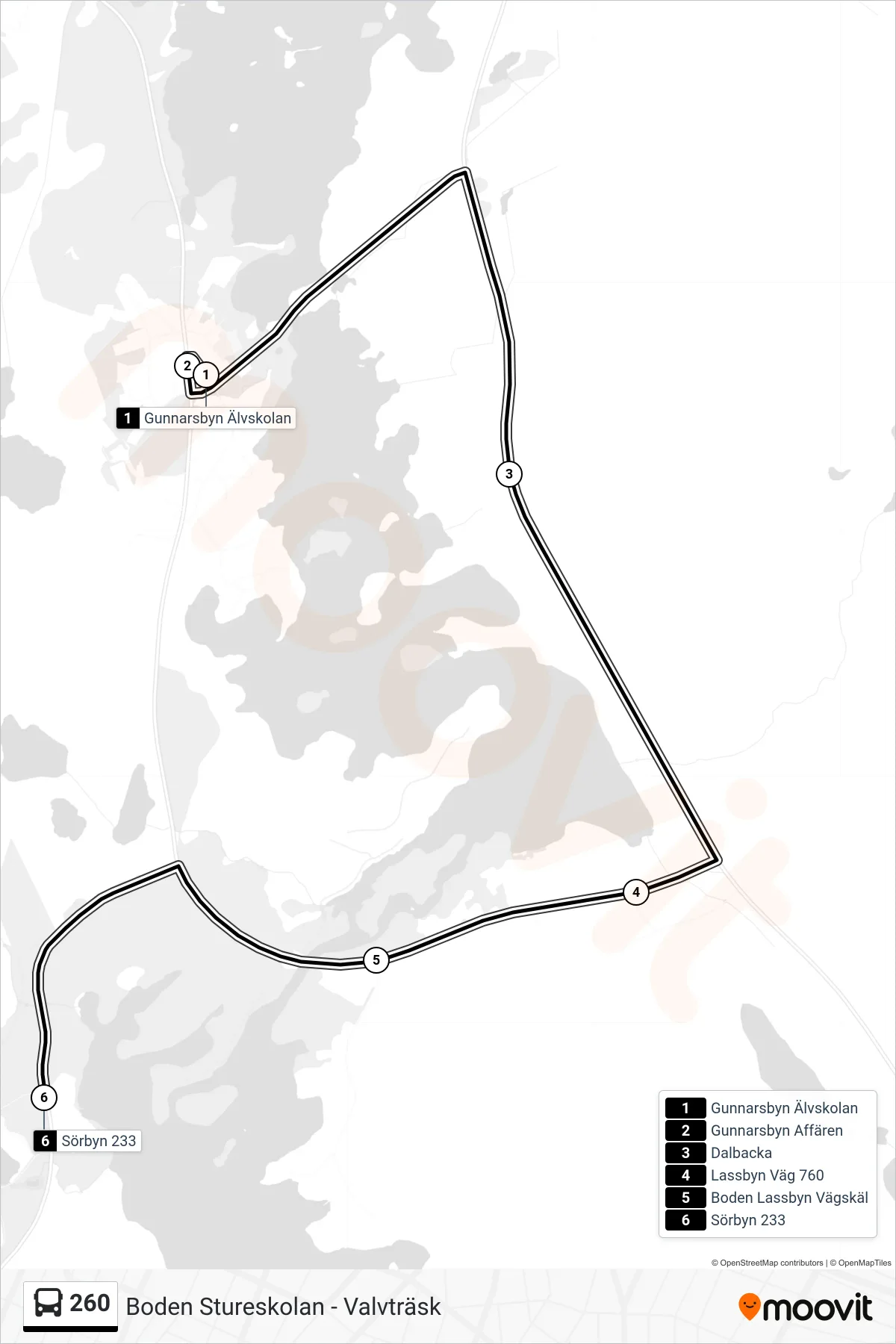 Rutt och hållplatser på karta för linje 260  spårvagn, (Sörbyn 233)