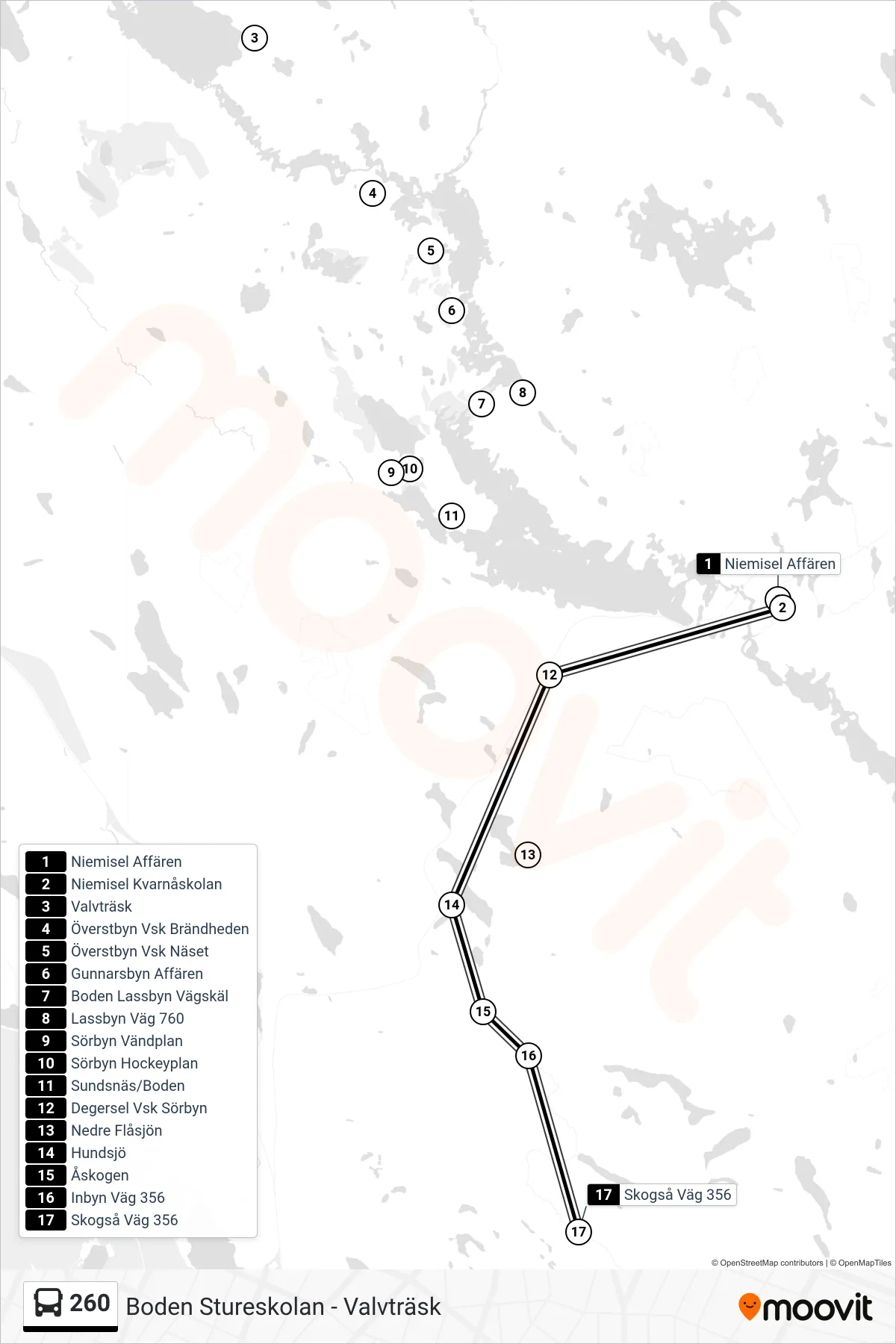 Rutt och hållplatser på karta för linje 260 spårvagn, (Skogså Väg 356)