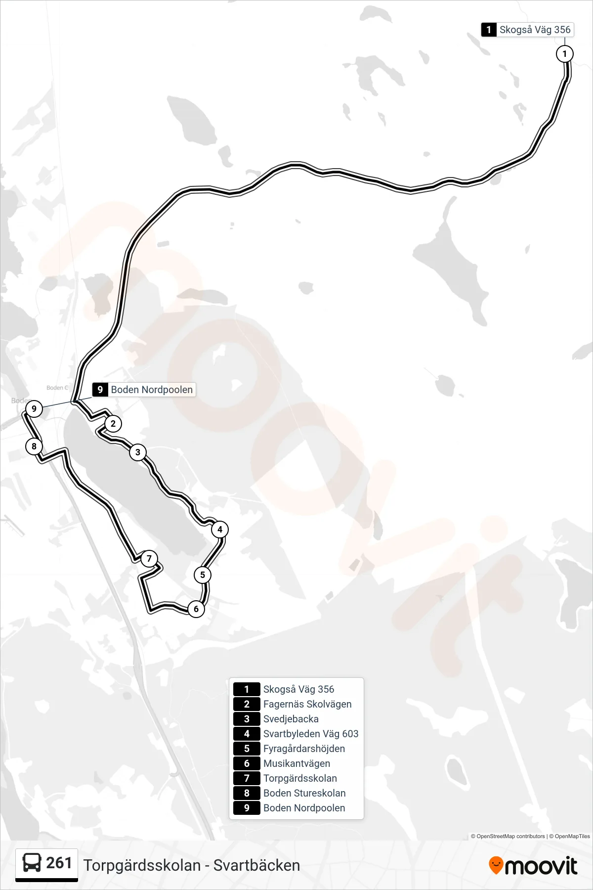 Rutt och hållplatser på karta för linje 261 spårvagn, (Boden Nordpoolen)