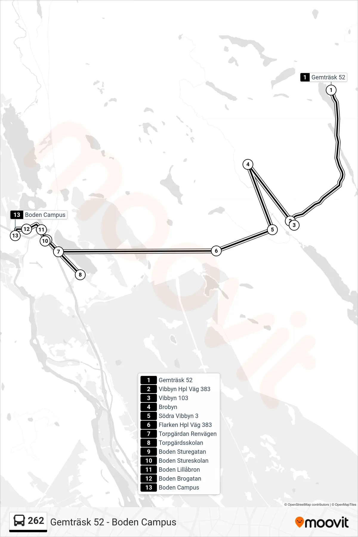 Rutt och hållplatser på karta för linje 262  spårvagn, (Boden Campus)