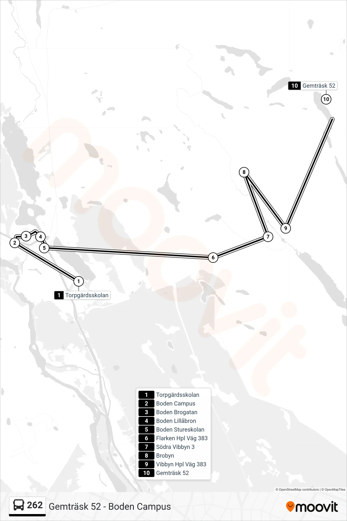 Rutt och hållplatser på karta för linje 262 spårvagn, (Gemträsk 52)