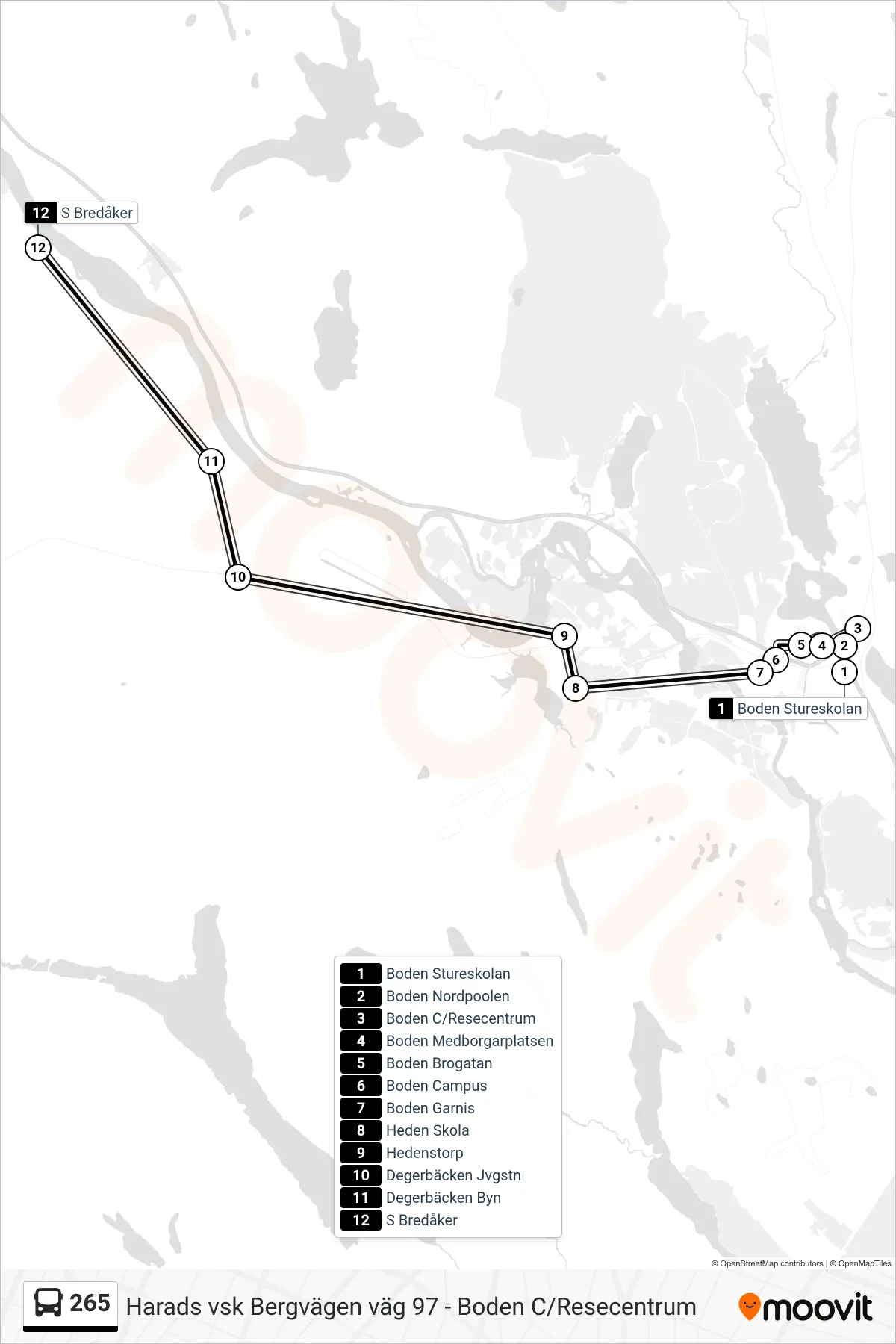 Rutt och hållplatser på karta för linje 265  spårvagn, (S Bredåker)
