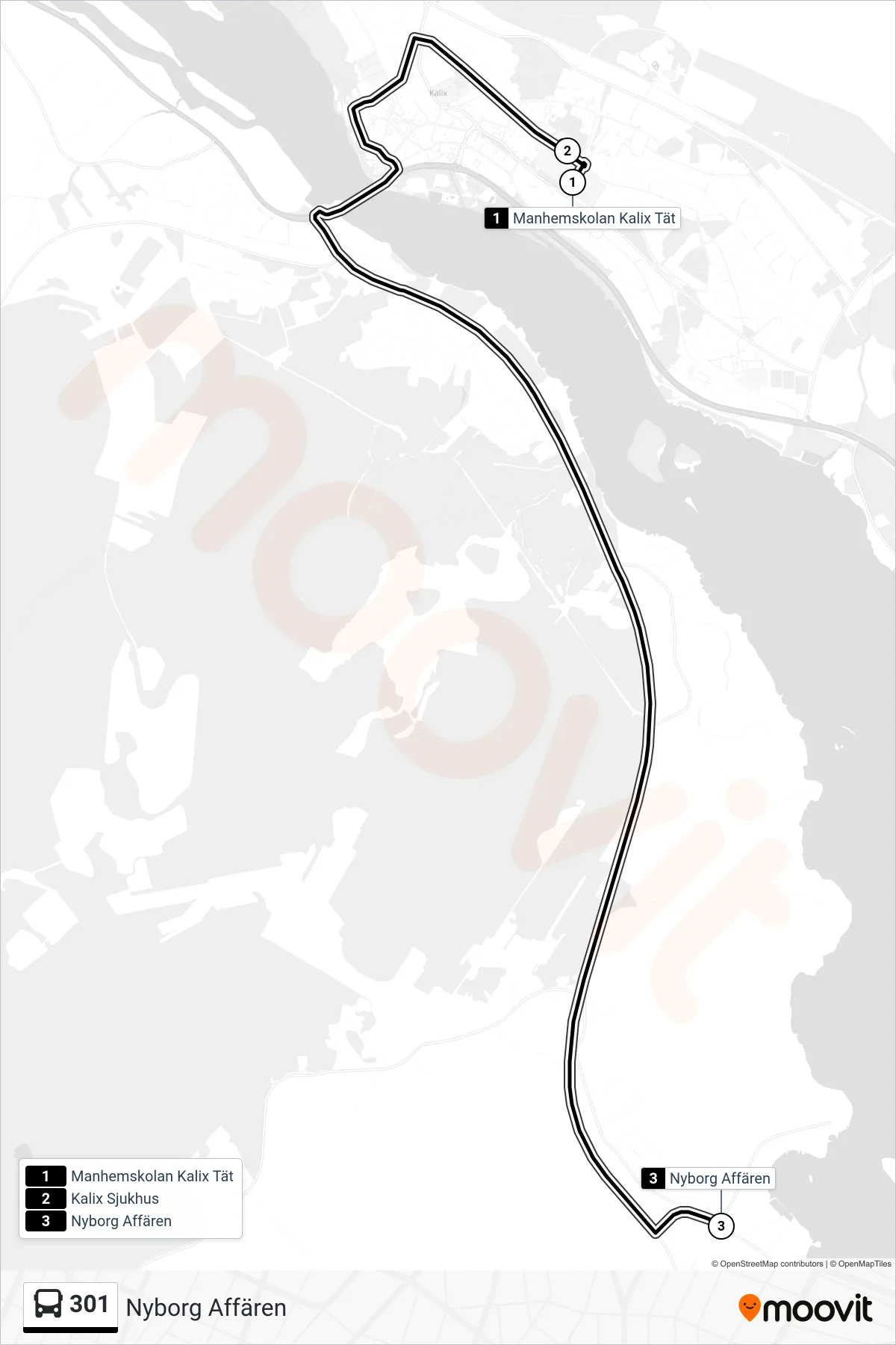 Rutt och hållplatser på karta för linje 301 spårvagn, (Nyborg Affären)