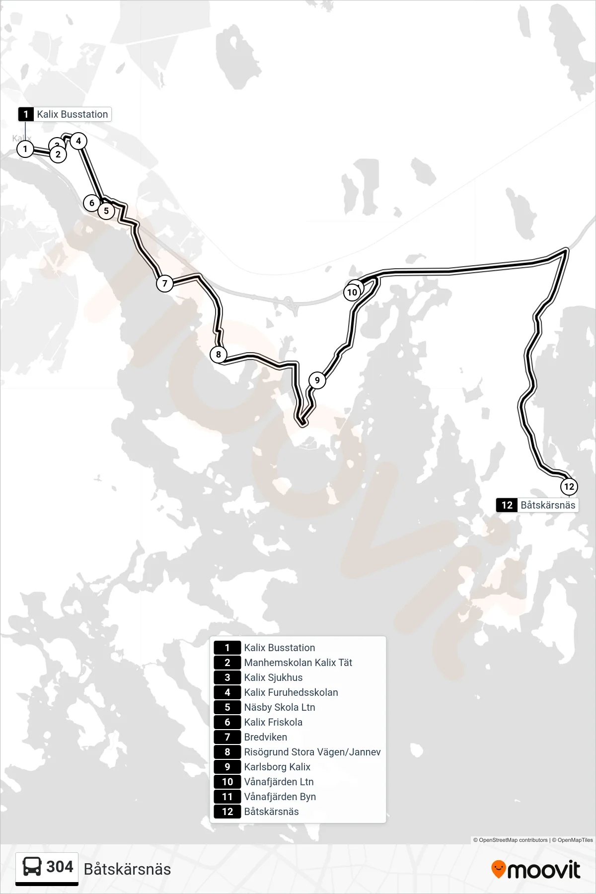 Rutt och hållplatser på karta för linje 304  spårvagn, (Båtskärsnäs)
