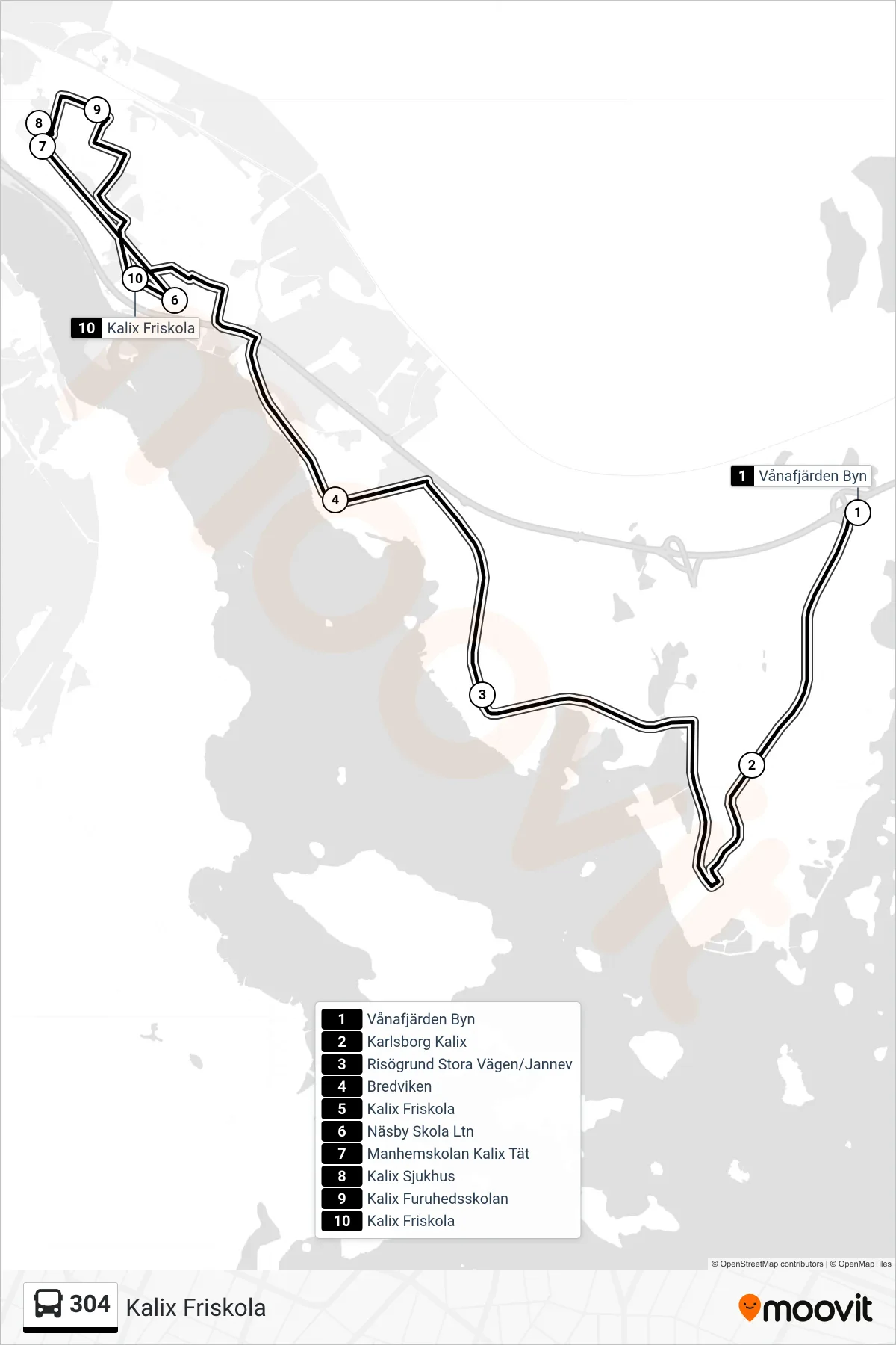 Rutt och hållplatser på karta för linje 304 spårvagn, (Kalix Friskola)