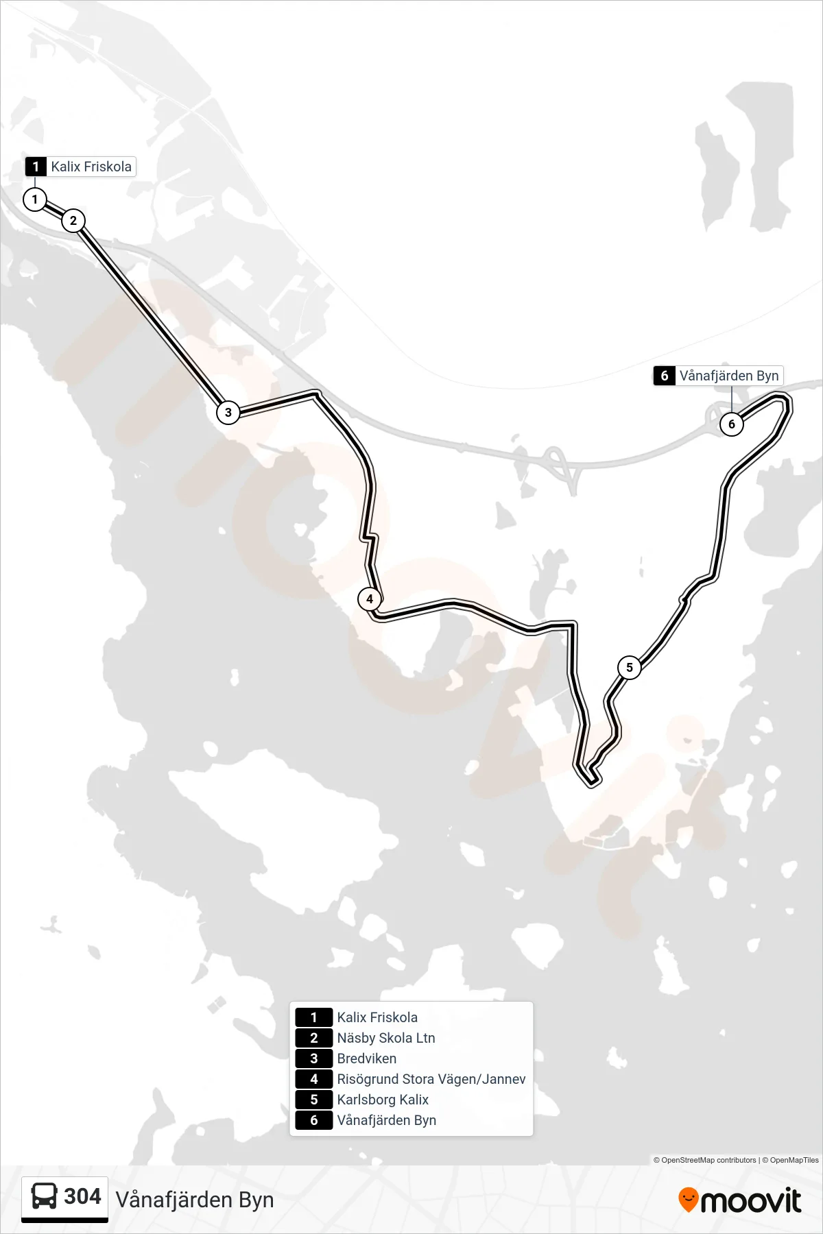 Rutt och hållplatser på karta för linje 304  spårvagn, (Vånafjärden Byn)