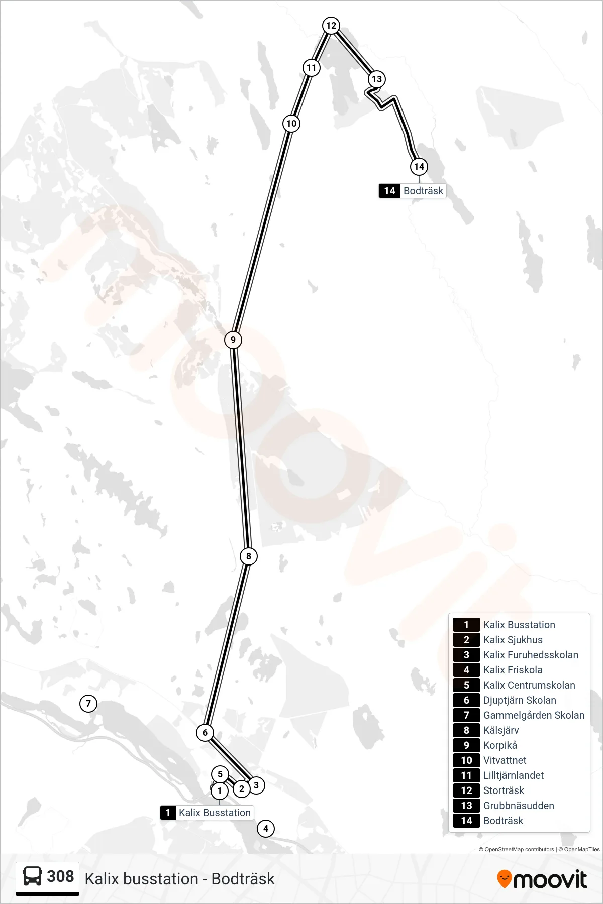 Rutt och hållplatser på karta för linje 308 spårvagn, (Bodträsk)