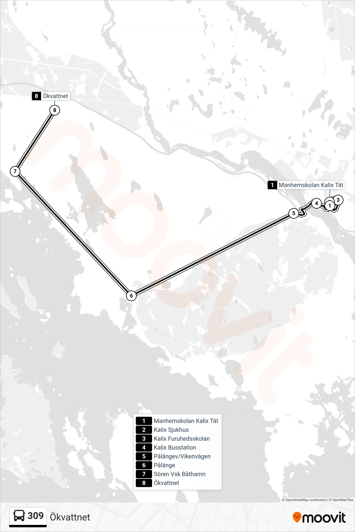 Rutt och hållplatser på karta för linje 309  spårvagn, (Ökvattnet)