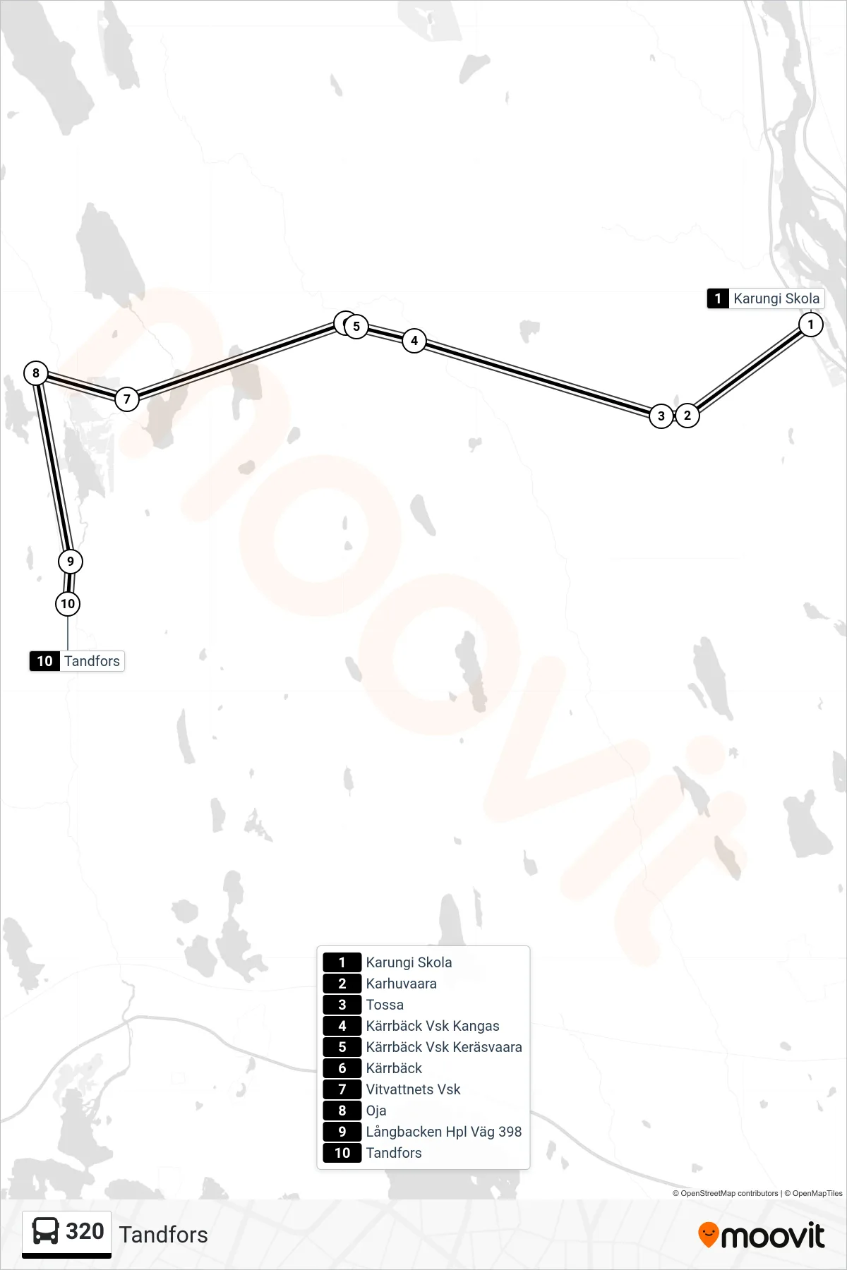 Rutt och hållplatser på karta för linje 320 spårvagn, (Tandfors)