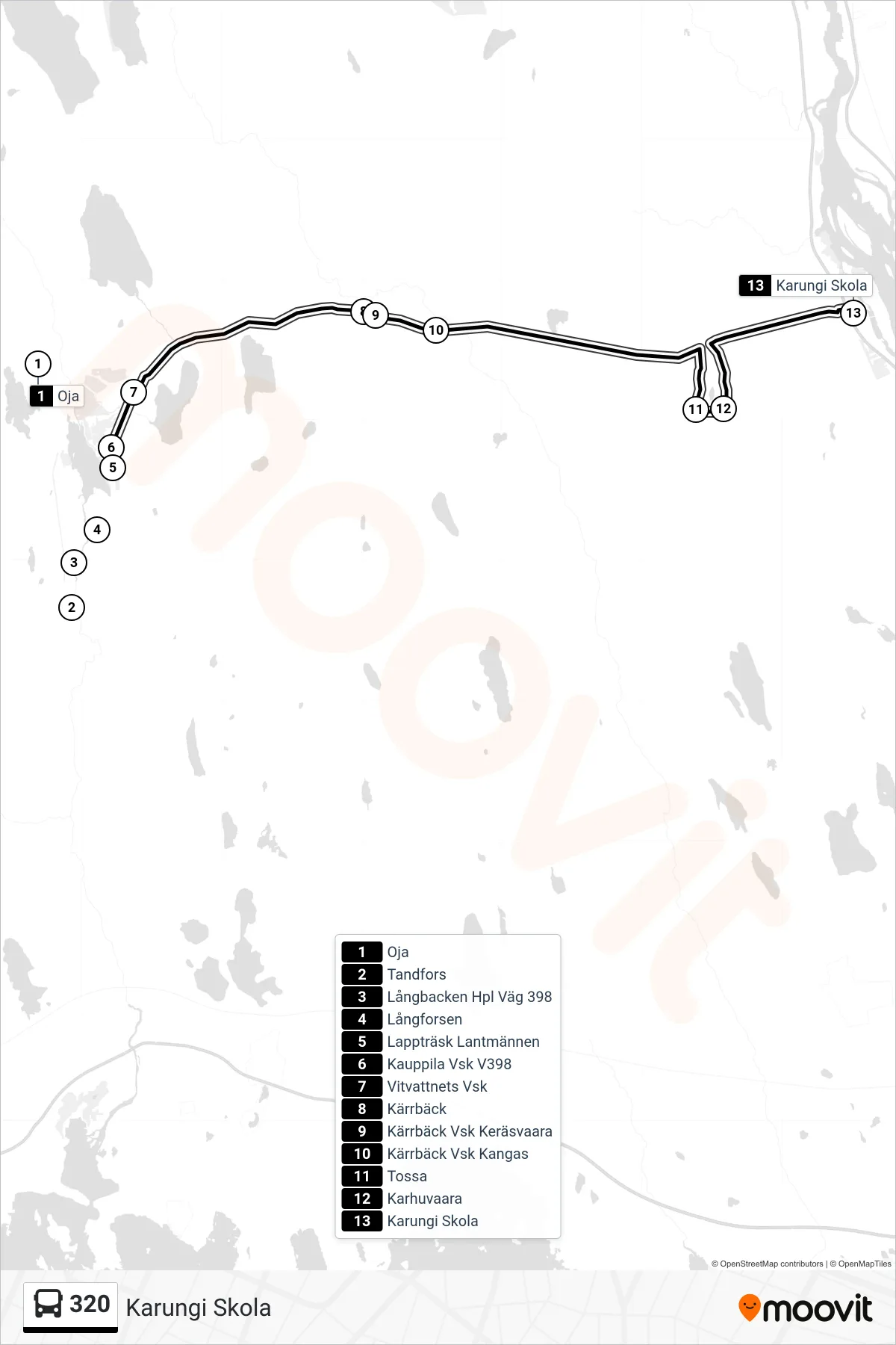 Rutt och hållplatser på karta för linje 320 spårvagn, (Karungi Skola)