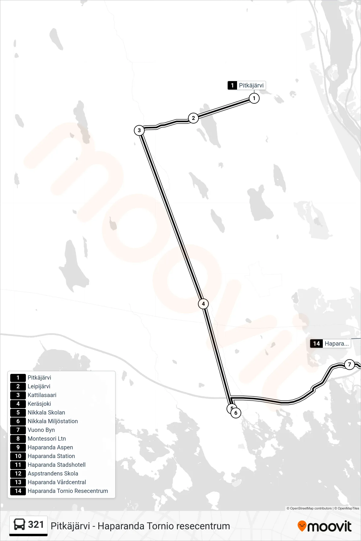 Rutt och hållplatser på karta för linje 321 spårvagn, (Haparanda Tornio Resecentrum)
