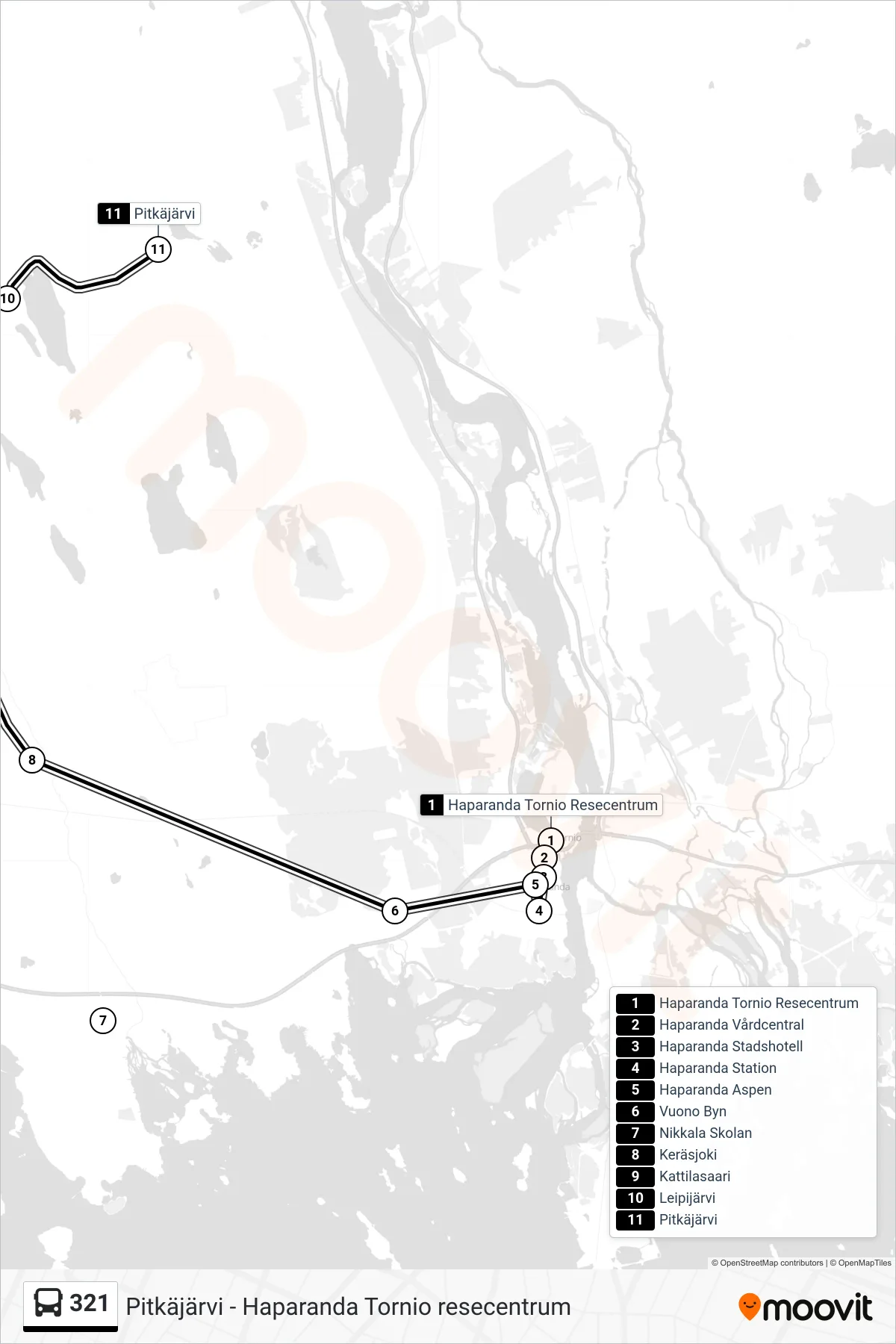 Rutt och hållplatser på karta för linje 321 spårvagn, (Pitkäjärvi)