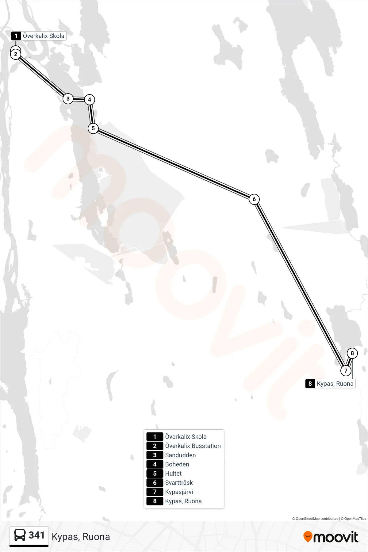 Rutt och hållplatser på karta för linje 341  spårvagn, (Kypas, Ruona)