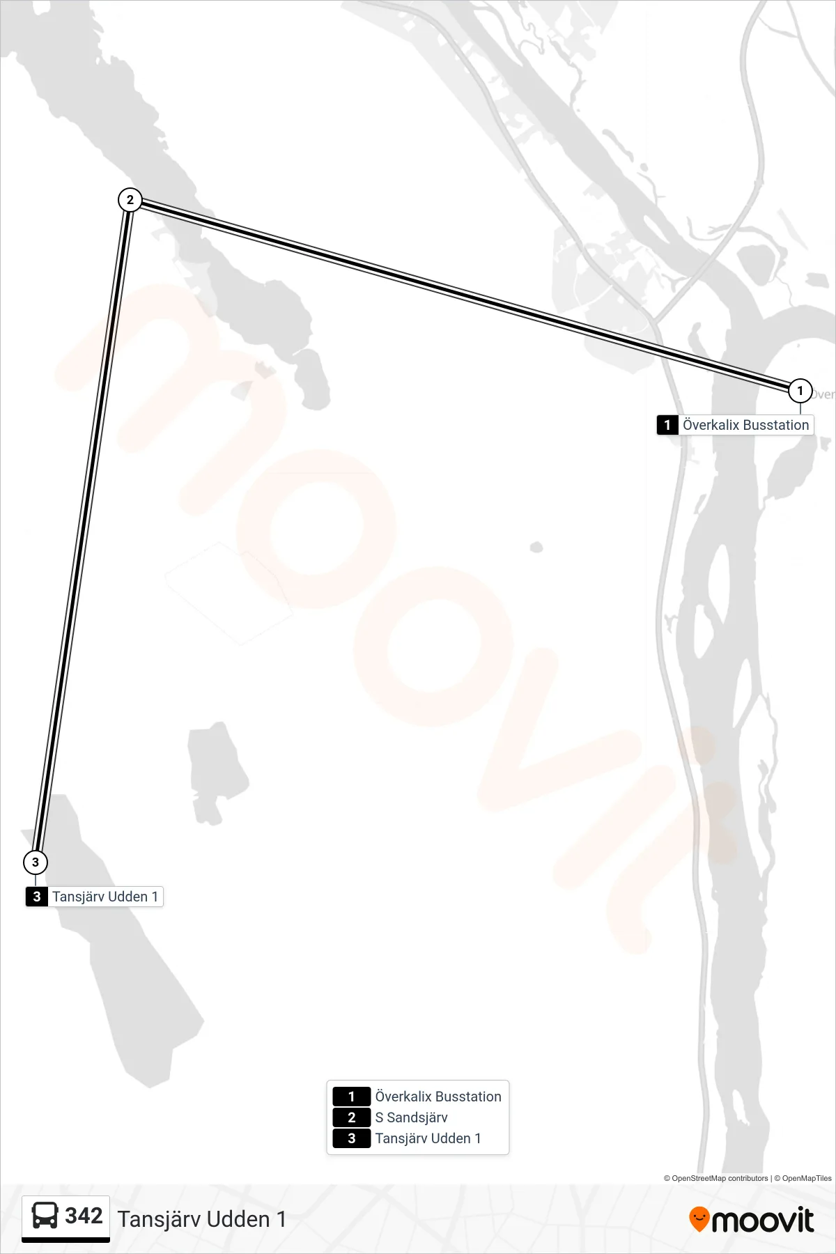 Rutt och hållplatser på karta för linje 342  spårvagn, (Tansjärv Udden 1)