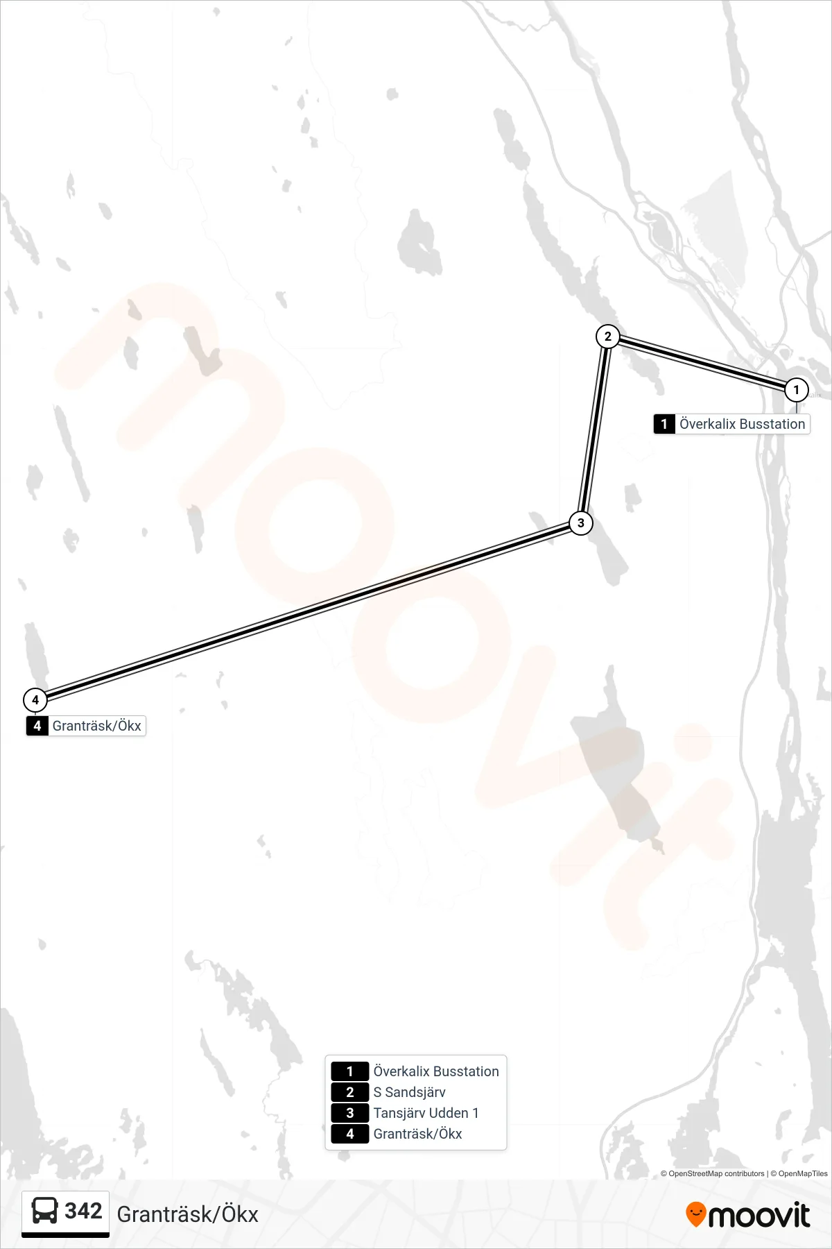Rutt och hållplatser på karta för linje 342 spårvagn, (Granträsk/Ökx)