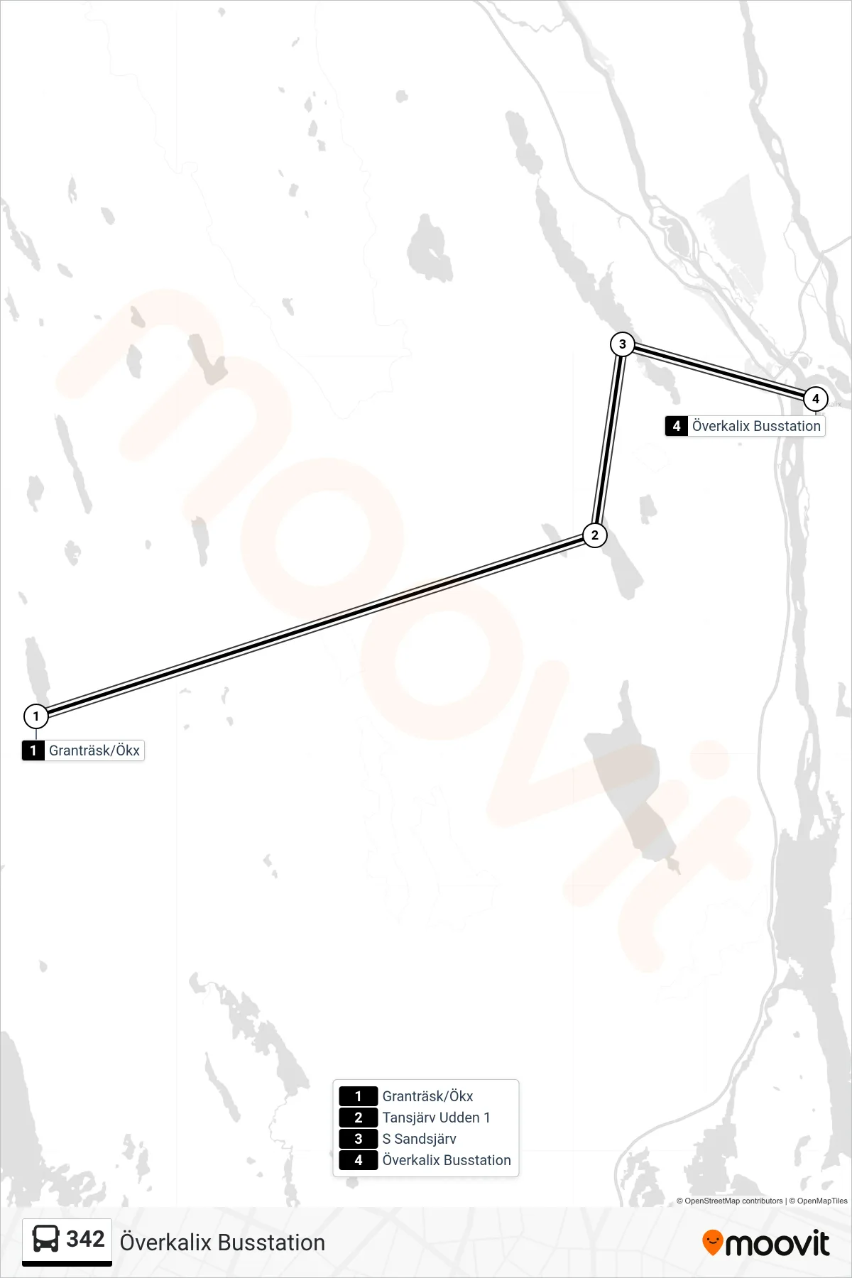 Rutt och hållplatser på karta för linje 342 spårvagn, (Överkalix Busstation)
