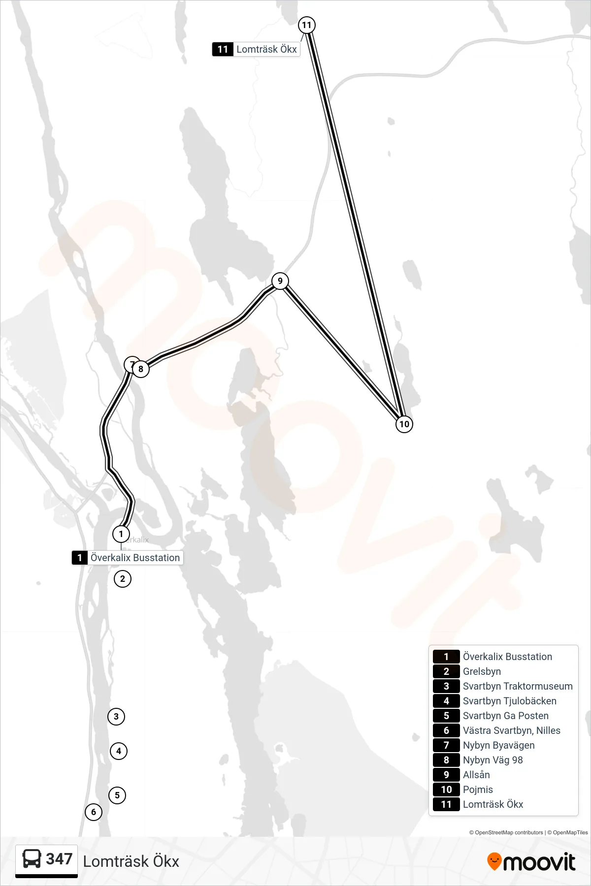 Rutt och hållplatser på karta för linje 347  spårvagn, (Lomträsk Ökx)