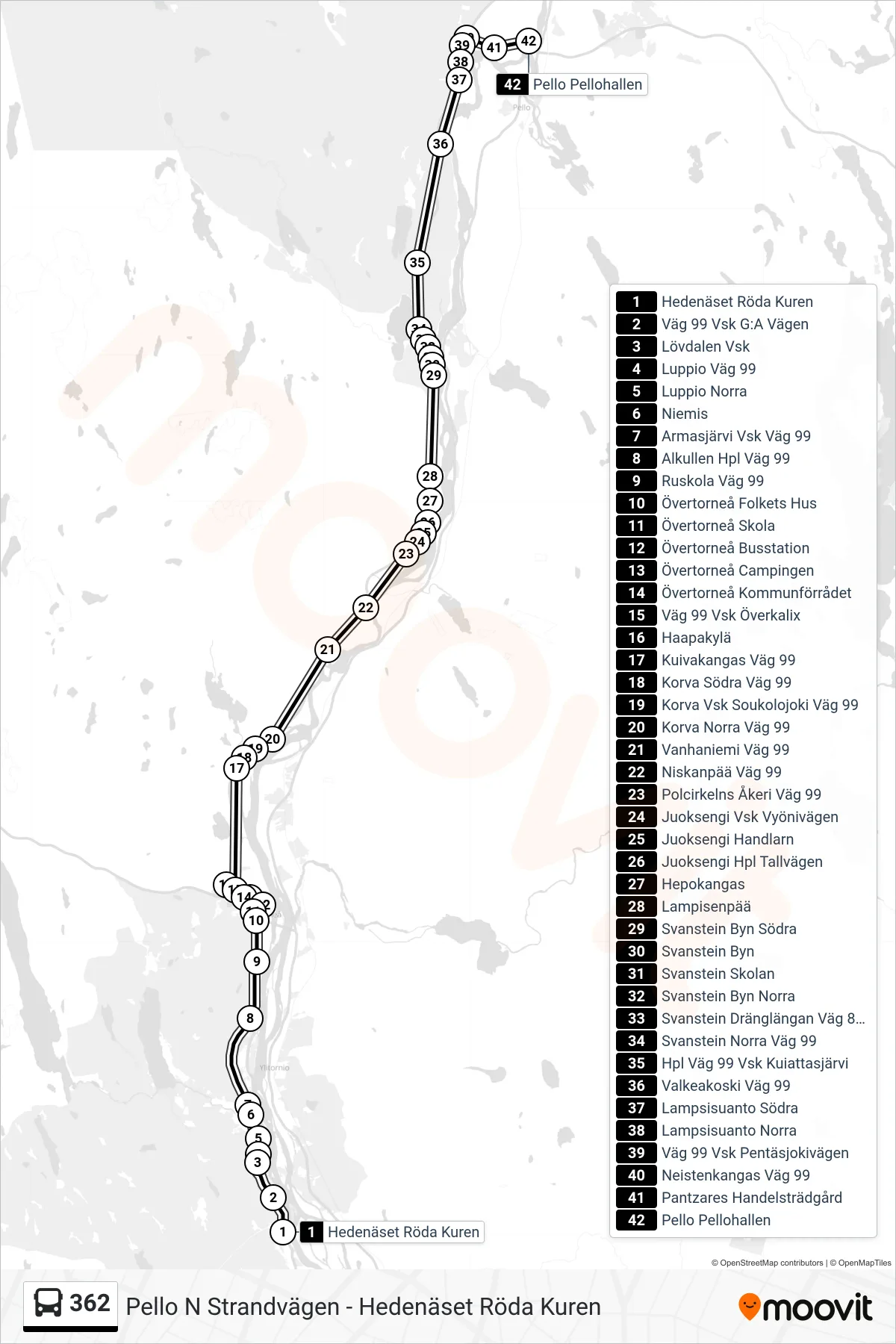 Rutt och hållplatser på karta för linje 362 spårvagn, (Pello Pellohallen)