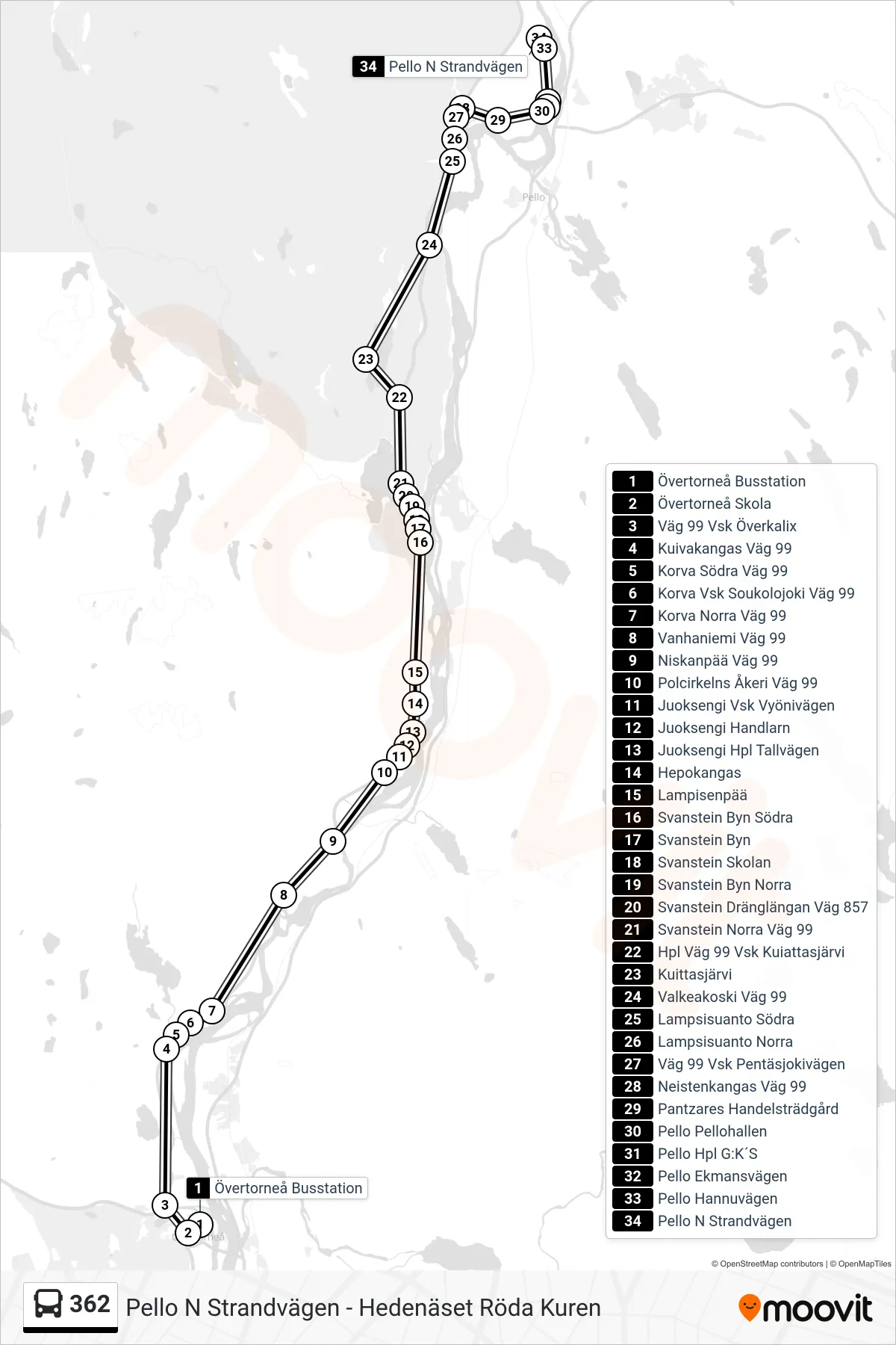 Rutt och hållplatser på karta för linje 362  spårvagn, (Pello N Strandvägen)